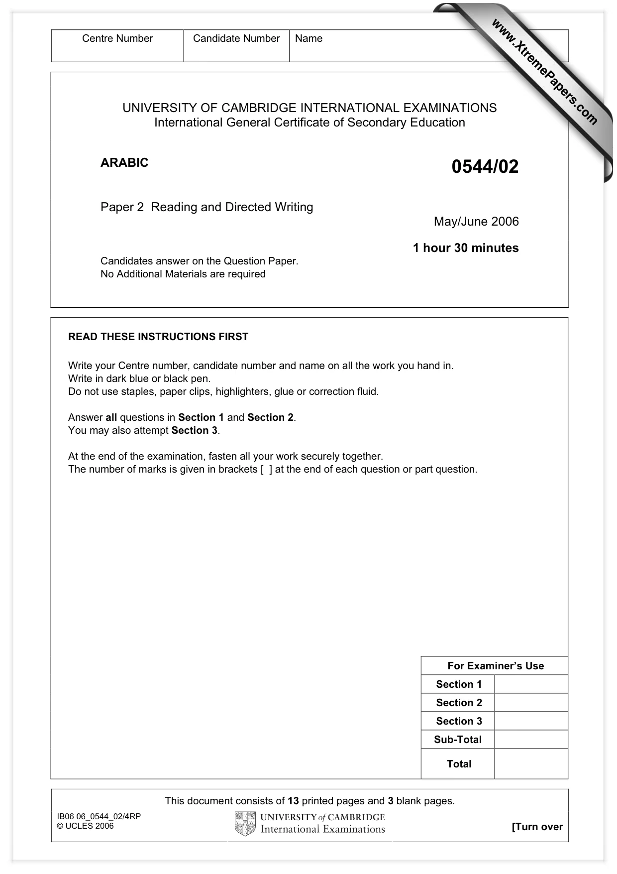 Cambridge IGCSE Arabic - Foreign Language 0544 2006 May/June Paper 2 · Variant 1 question paper, page 1 of 16