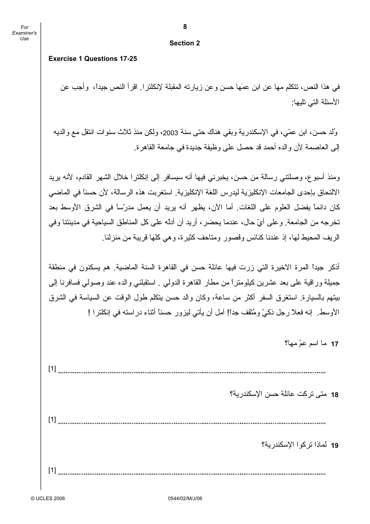 Cambridge IGCSE Arabic - Foreign Language 0544 2006 May/June Paper 2 · Variant 1 question paper, page 8 of 16