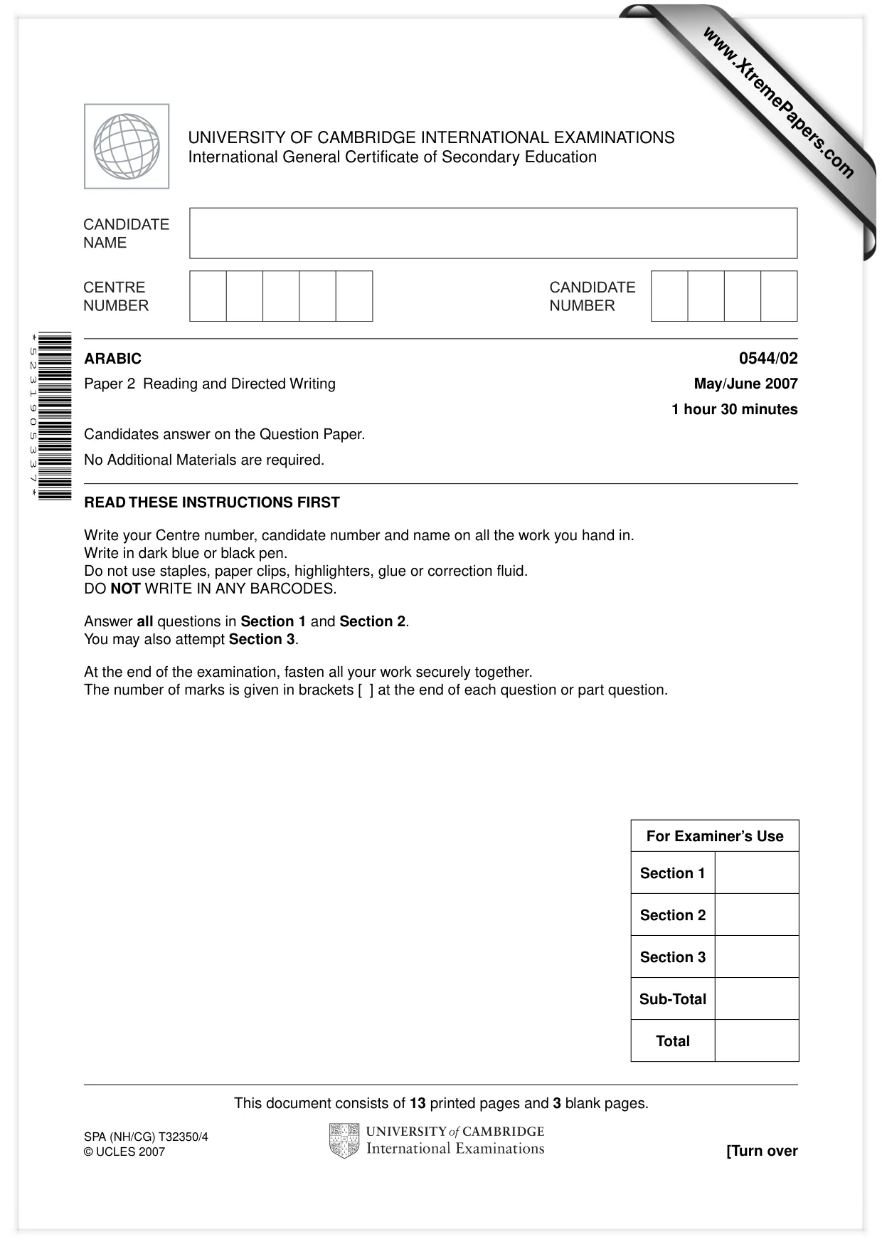 Cambridge IGCSE Arabic - Foreign Language 0544 2007 May/June Paper 2 · Variant 1 question paper, page 1 of 16