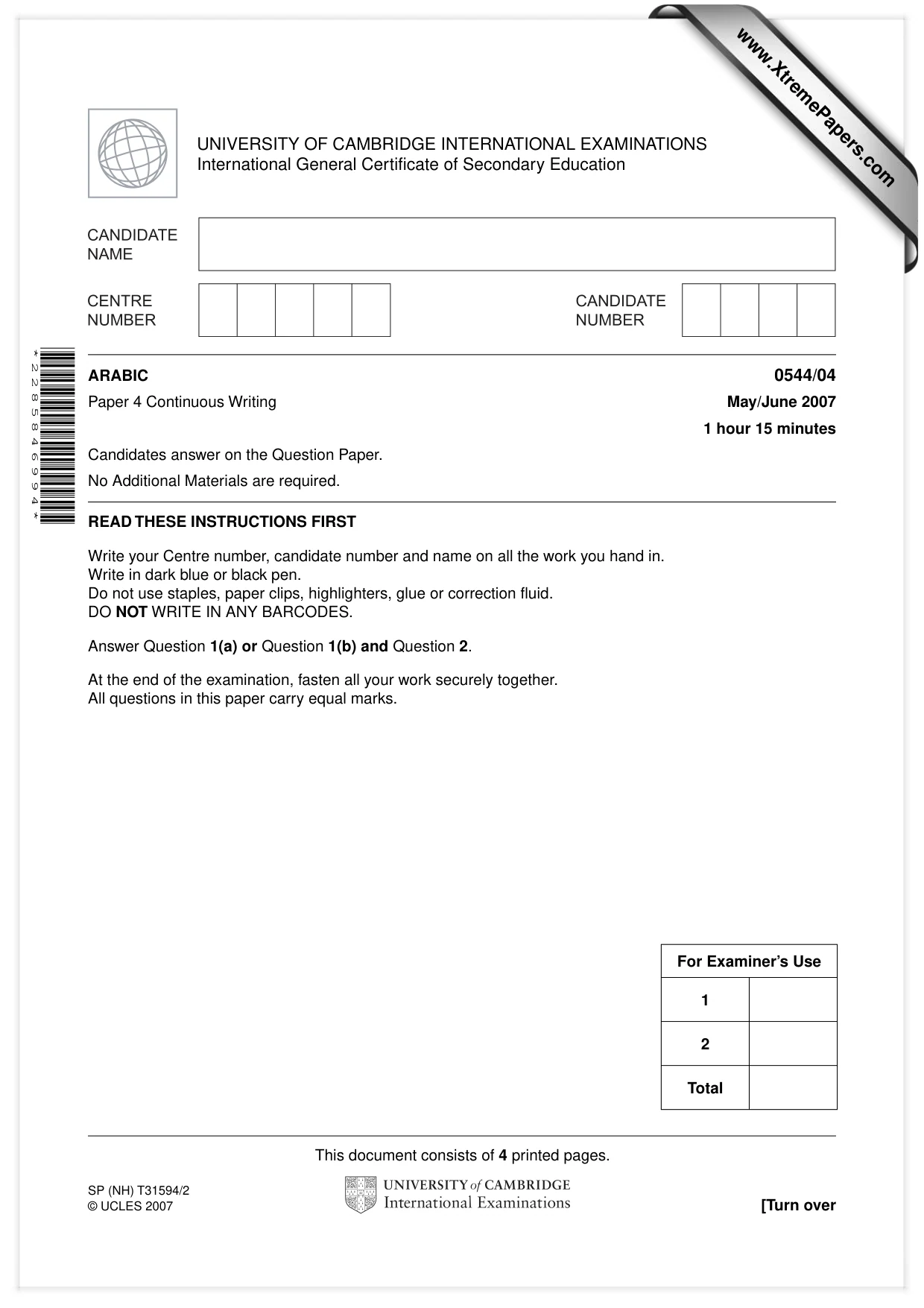 Cambridge IGCSE Arabic - Foreign Language 0544 2007 May/June Paper 4 · Variant 1 question paper, page 1 of 4
