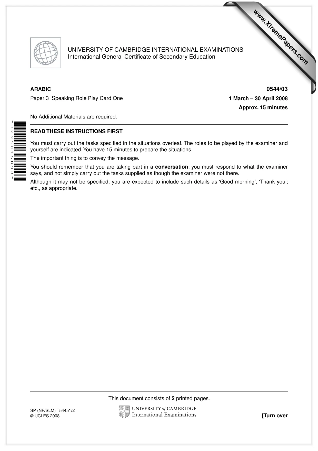 Cambridge IGCSE Arabic - Foreign Language 0544 2008 May/June Paper 3 · Variant 1 question paper, page 1 of 18