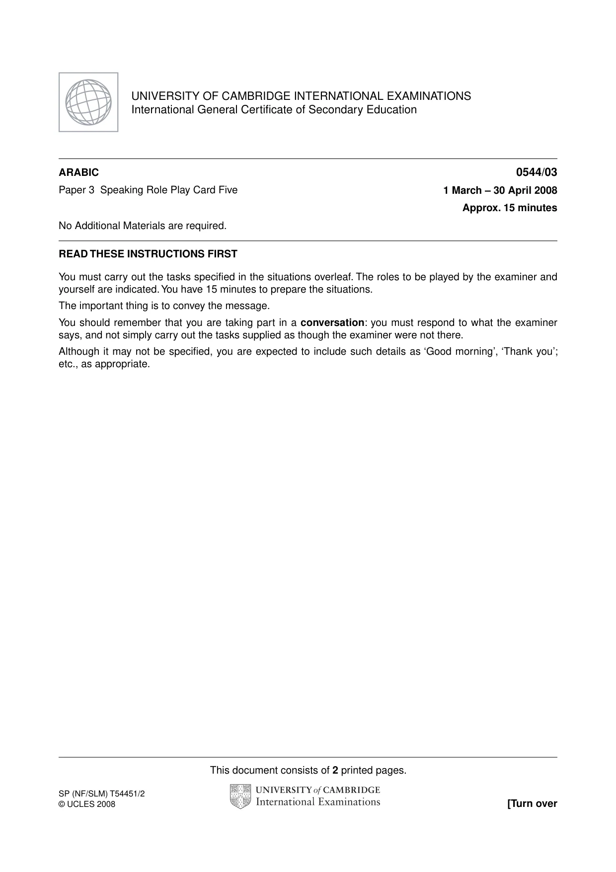 Cambridge IGCSE Arabic - Foreign Language 0544 2008 May/June Paper 3 · Variant 1 question paper, page 9 of 18