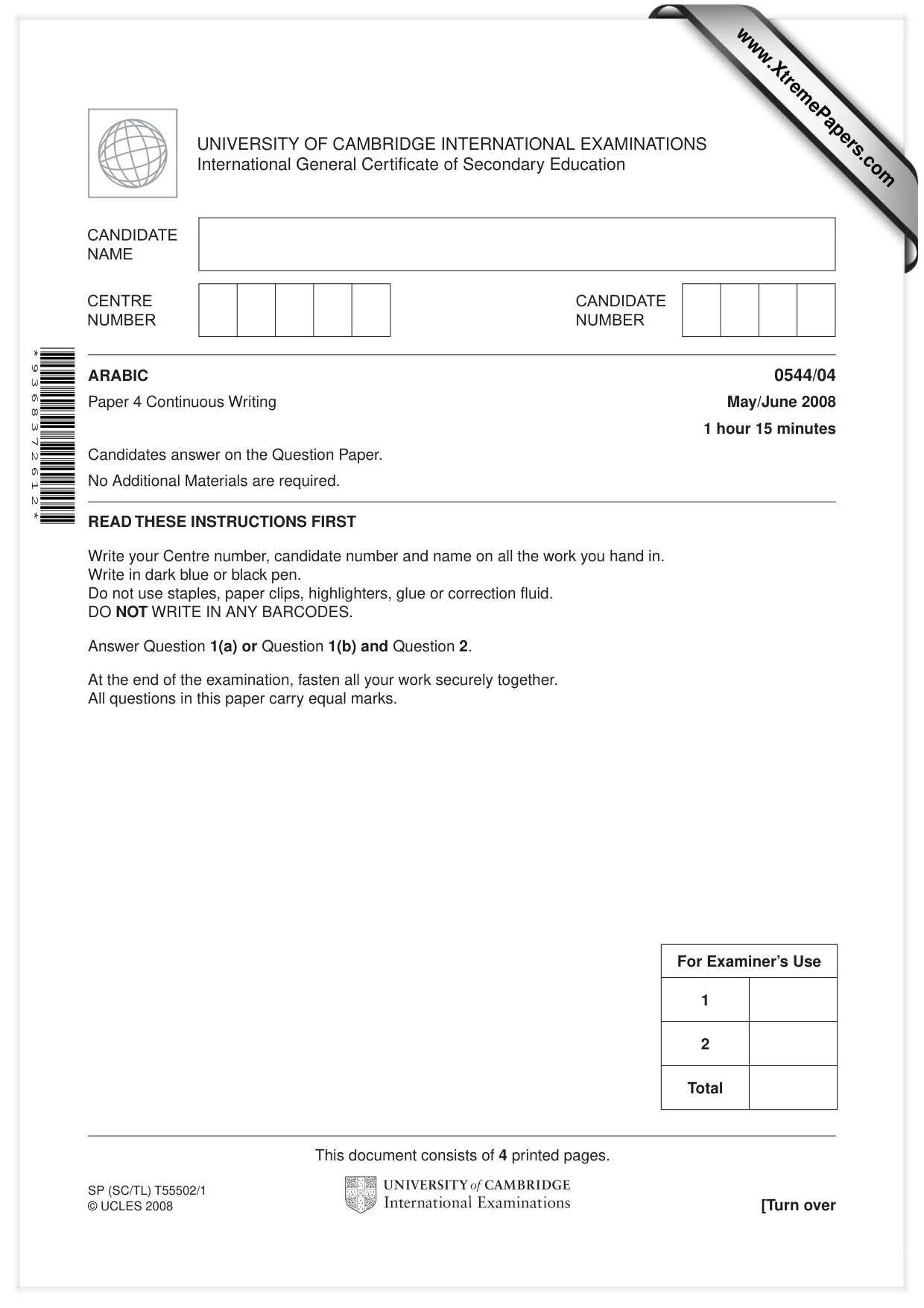 Cambridge IGCSE Arabic - Foreign Language 0544 2008 May/June Paper 4 · Variant 1 question paper, page 1 of 4