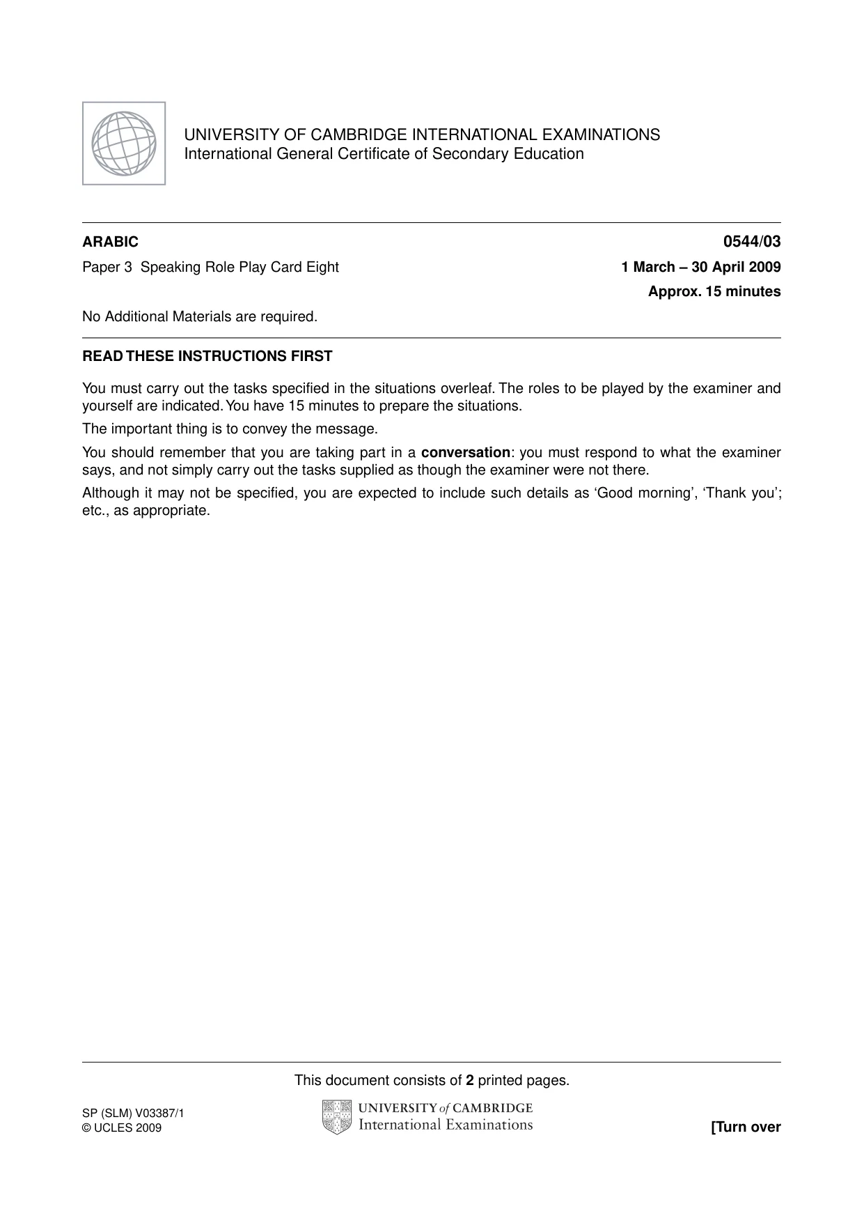 Cambridge IGCSE Arabic - Foreign Language 0544 2009 May/June Paper 3 · Variant 1 question paper, page 15 of 18