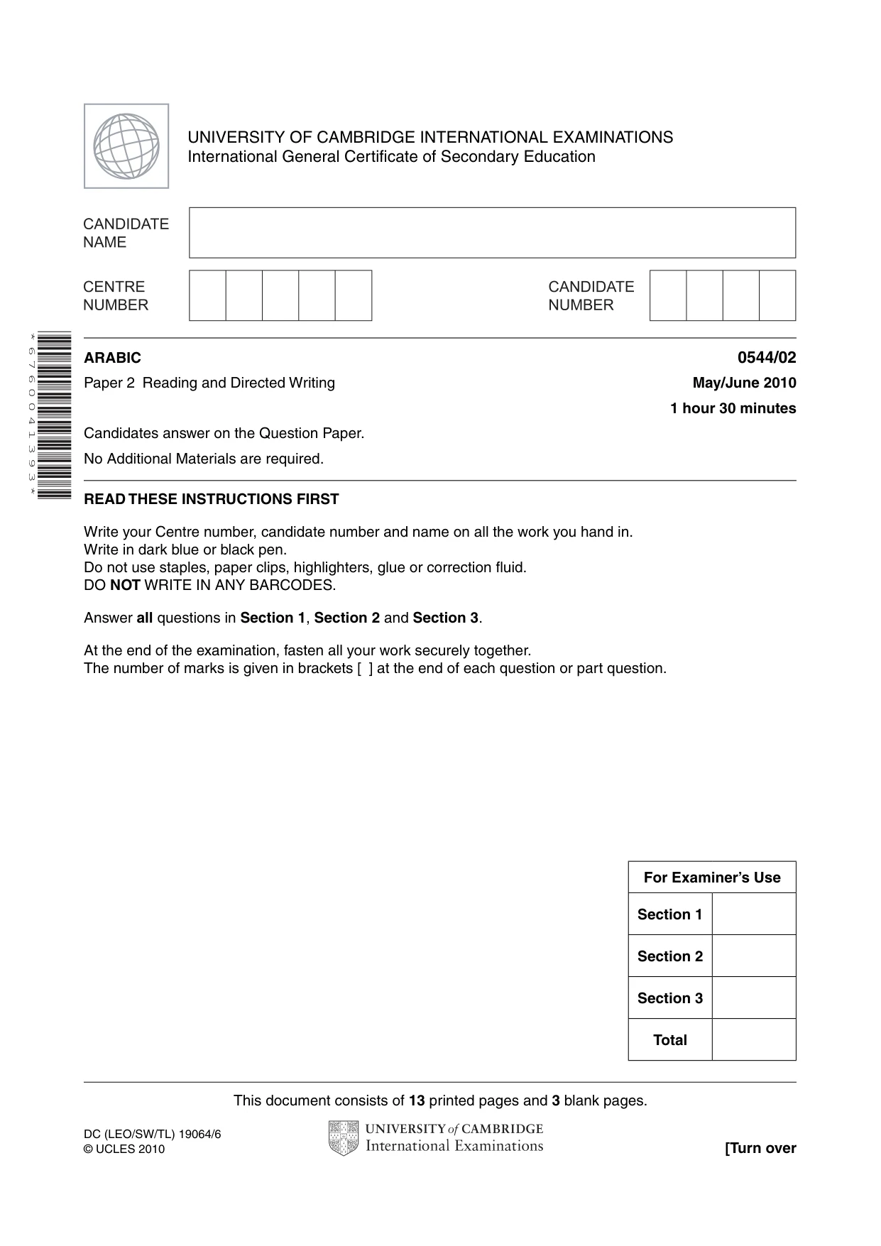 Cambridge IGCSE Arabic - Foreign Language 0544 2010 May/June Paper 2 · Variant 1 question paper, page 1 of 16