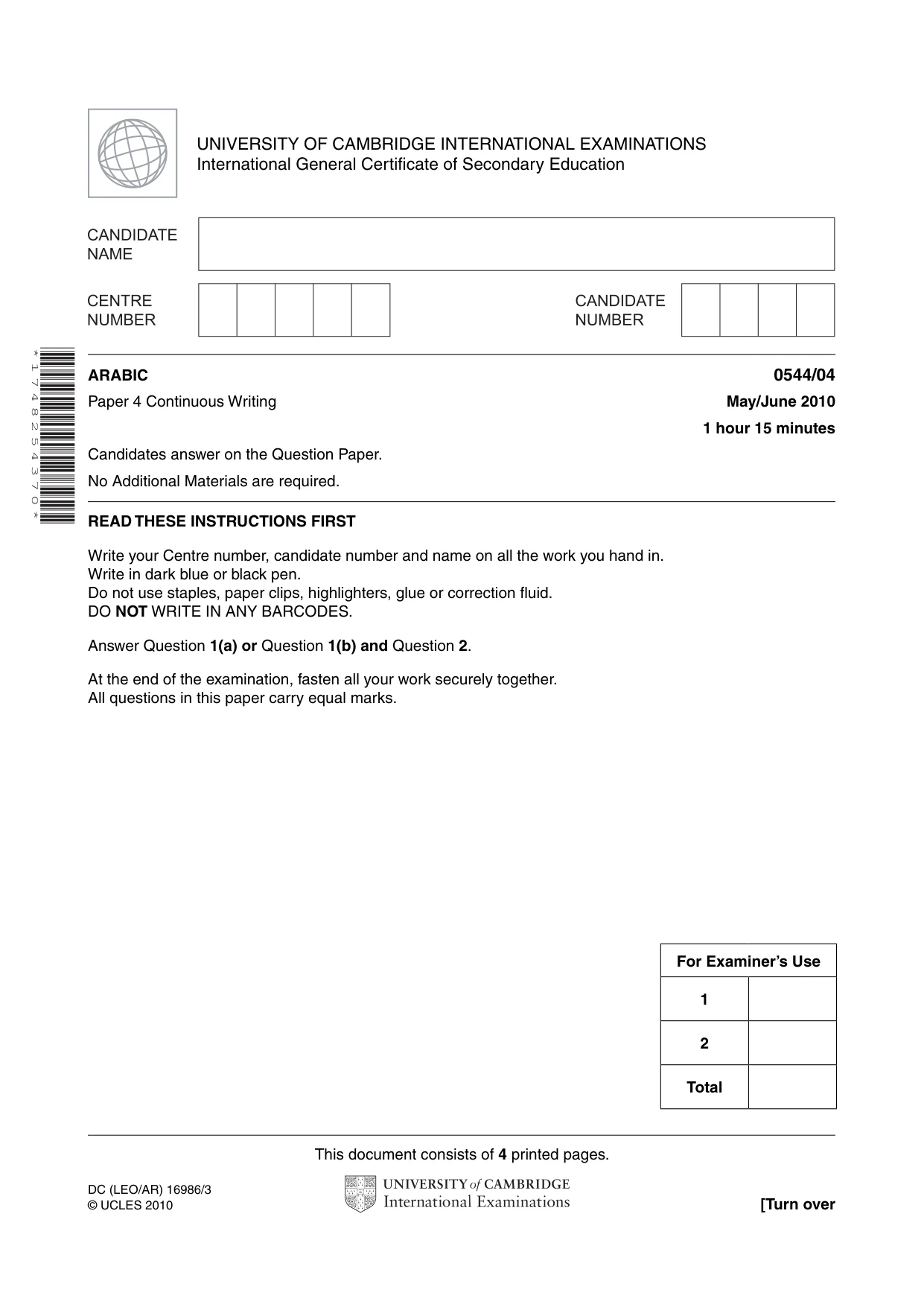 Cambridge IGCSE Arabic - Foreign Language 0544 2010 May/June Paper 4 · Variant 1 question paper, page 1 of 4