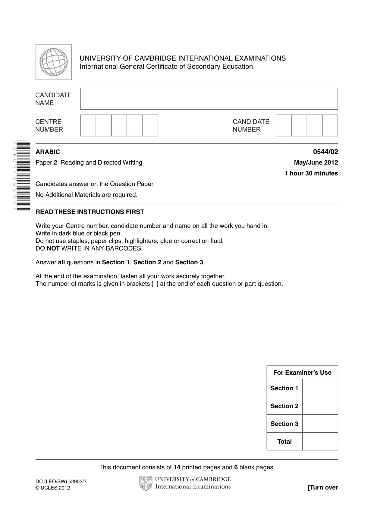 Cambridge IGCSE Arabic - Foreign Language 0544 2012 May/June Paper 2 · Variant 1 question paper, page 1 of 20