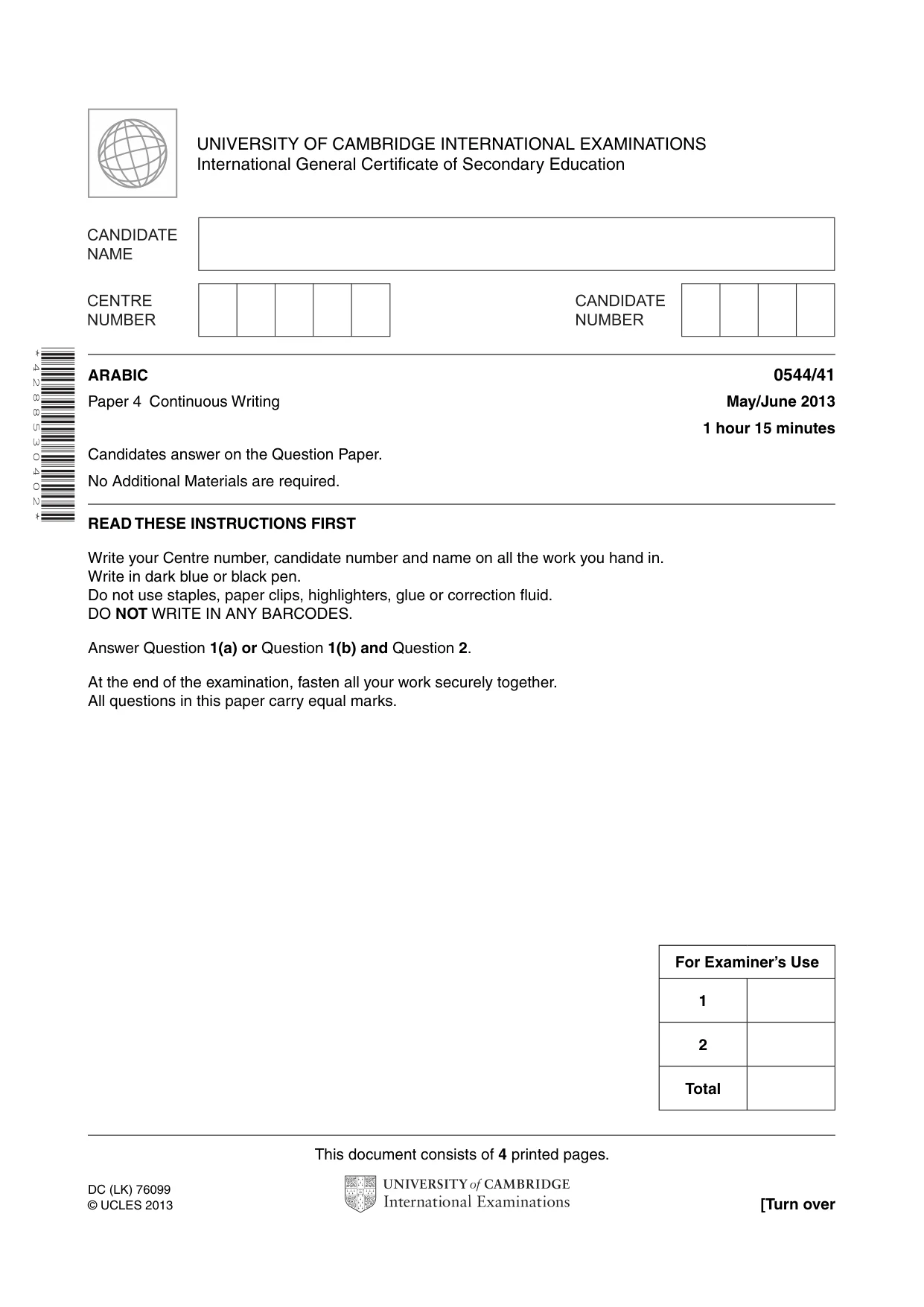 Cambridge IGCSE Arabic - Foreign Language 0544 2013 May/June Paper 4 · Variant 1 question paper, page 1 of 4