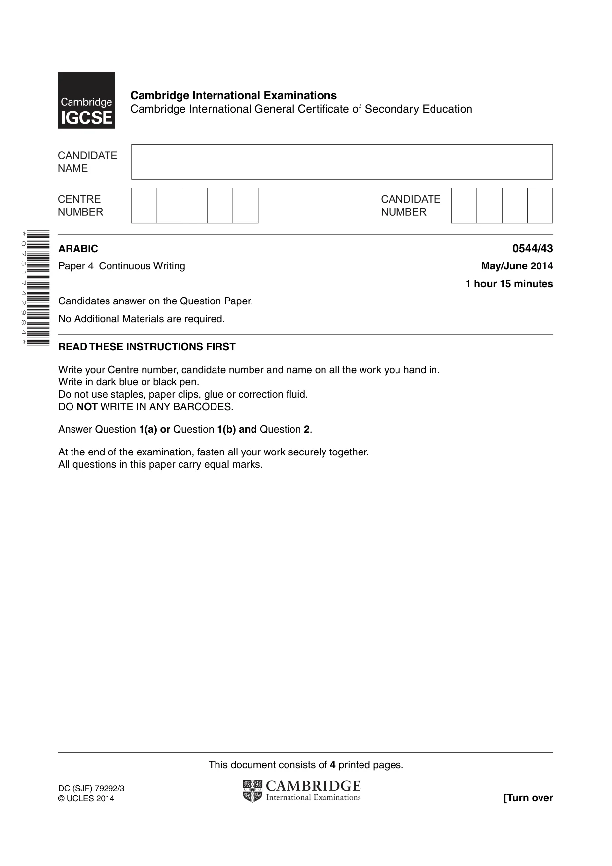 Cambridge IGCSE Arabic - Foreign Language 0544 2014 May/June Paper 4 · Variant 3 question paper, page 1 of 4