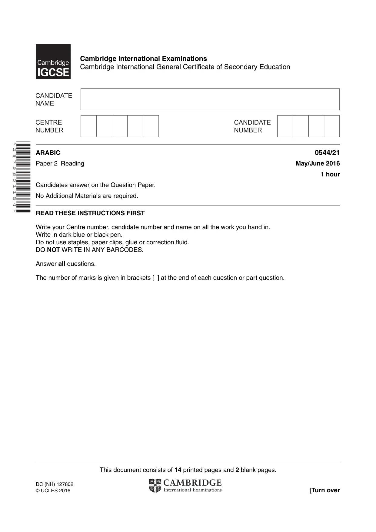 Cambridge IGCSE Arabic - Foreign Language 0544 2016 May/June Paper 2 · Variant 1 question paper, page 1 of 16