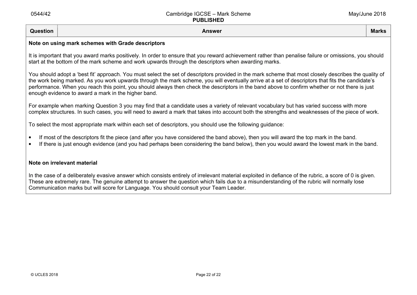 Mark scheme, page 22 of 22