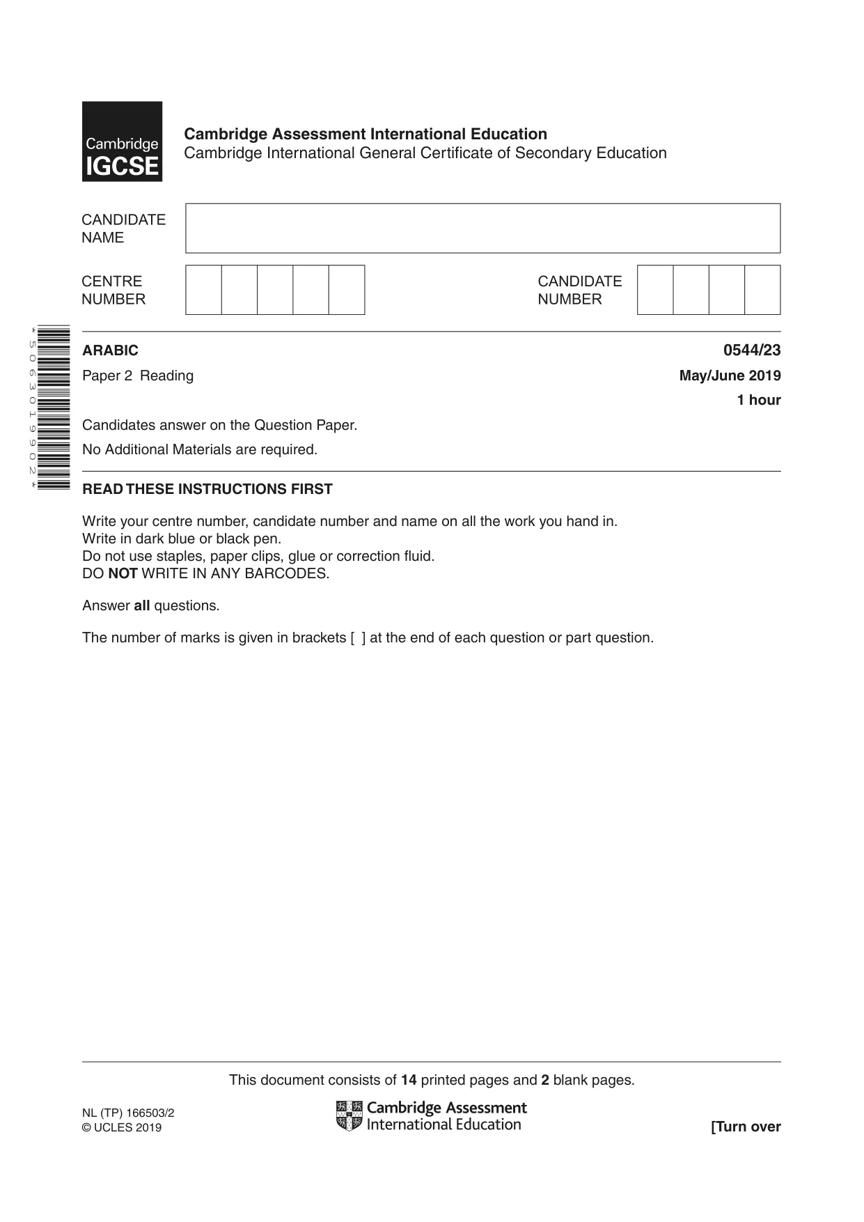Cambridge IGCSE Arabic - Foreign Language 0544 2019 May/June Paper 2 · Variant 3 question paper, page 1 of 16