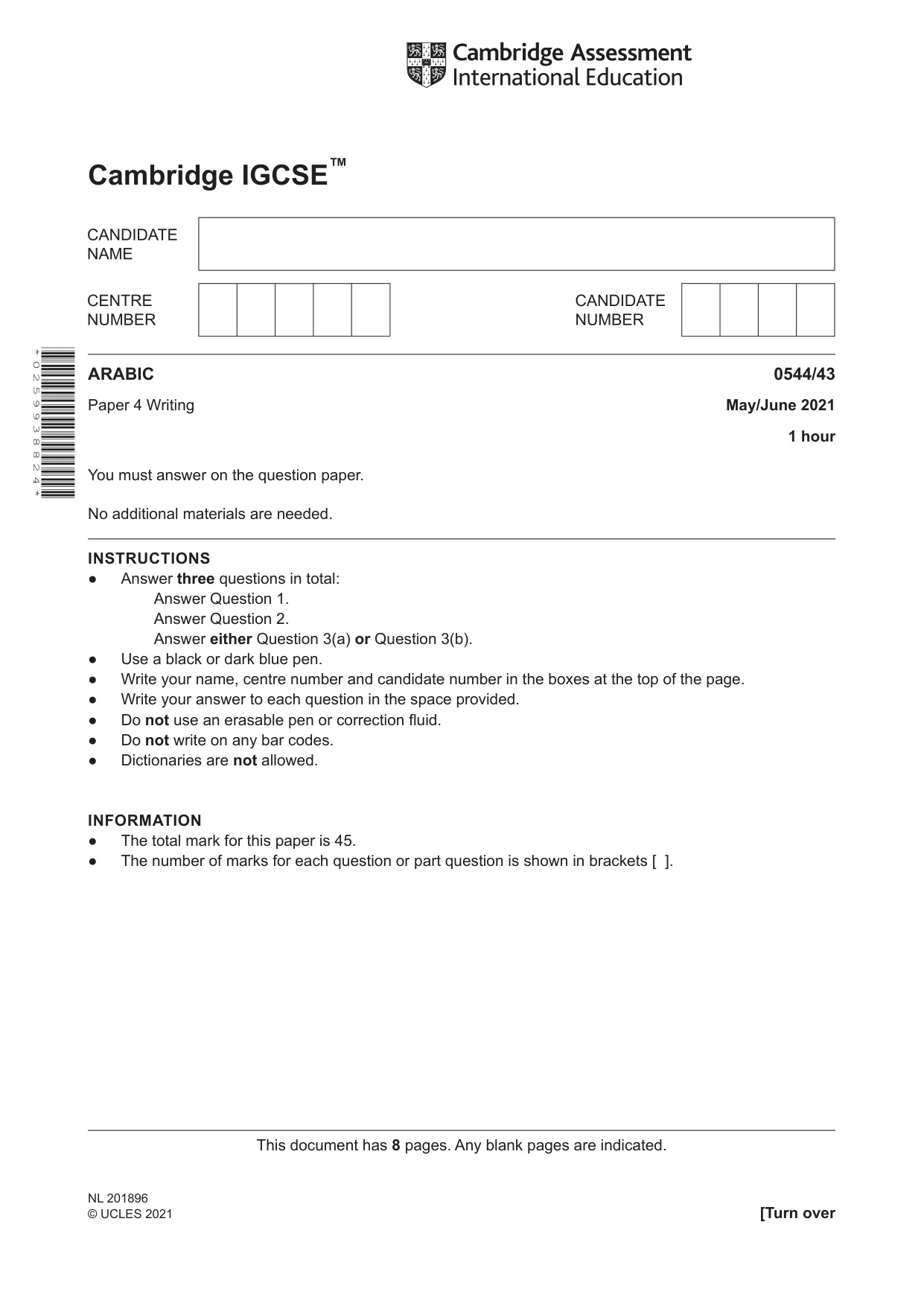 Cambridge IGCSE Arabic - Foreign Language 0544 2021 May/June Paper 4 · Variant 3 question paper, page 1 of 8
