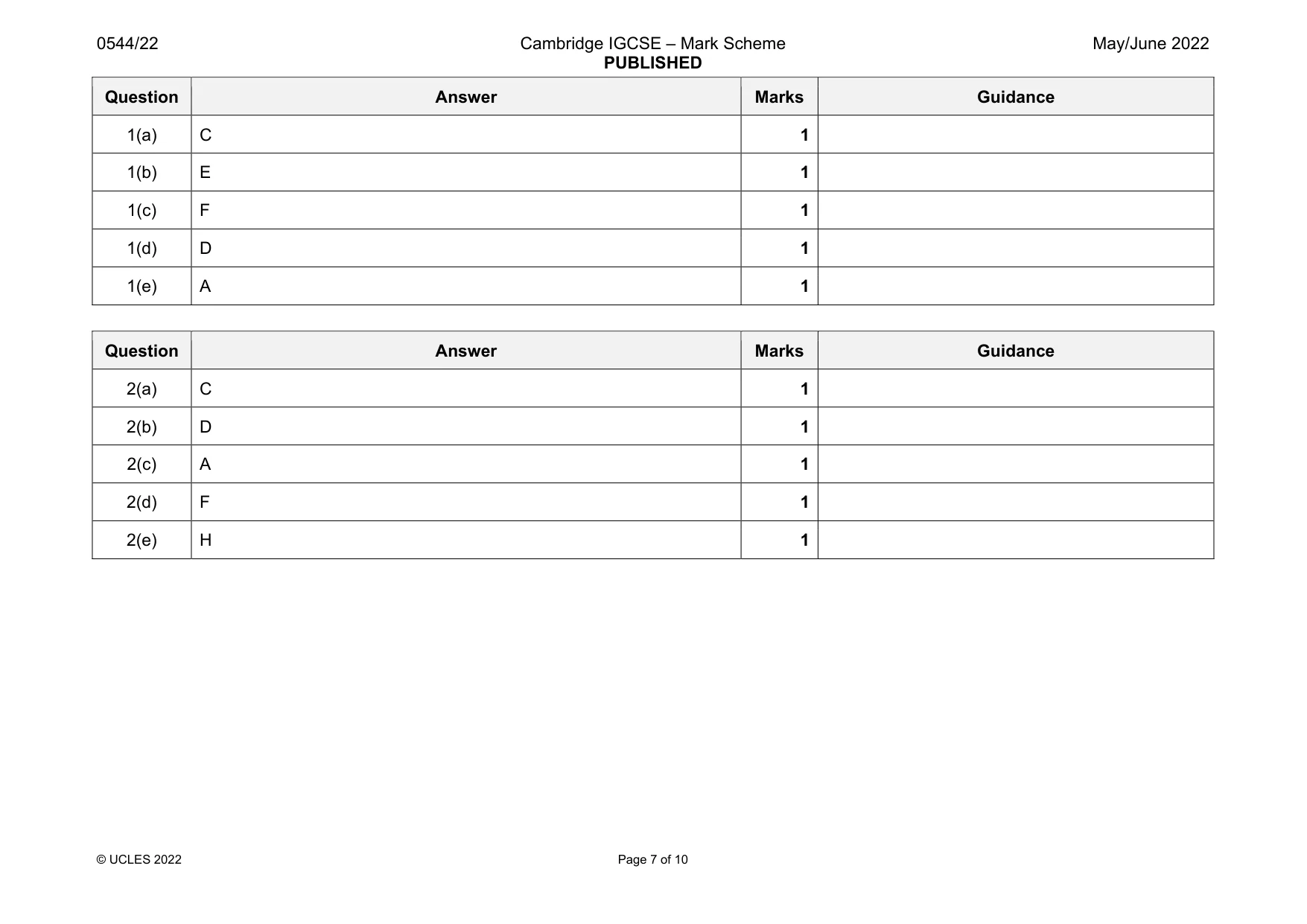 Mark scheme, page 7 of 10