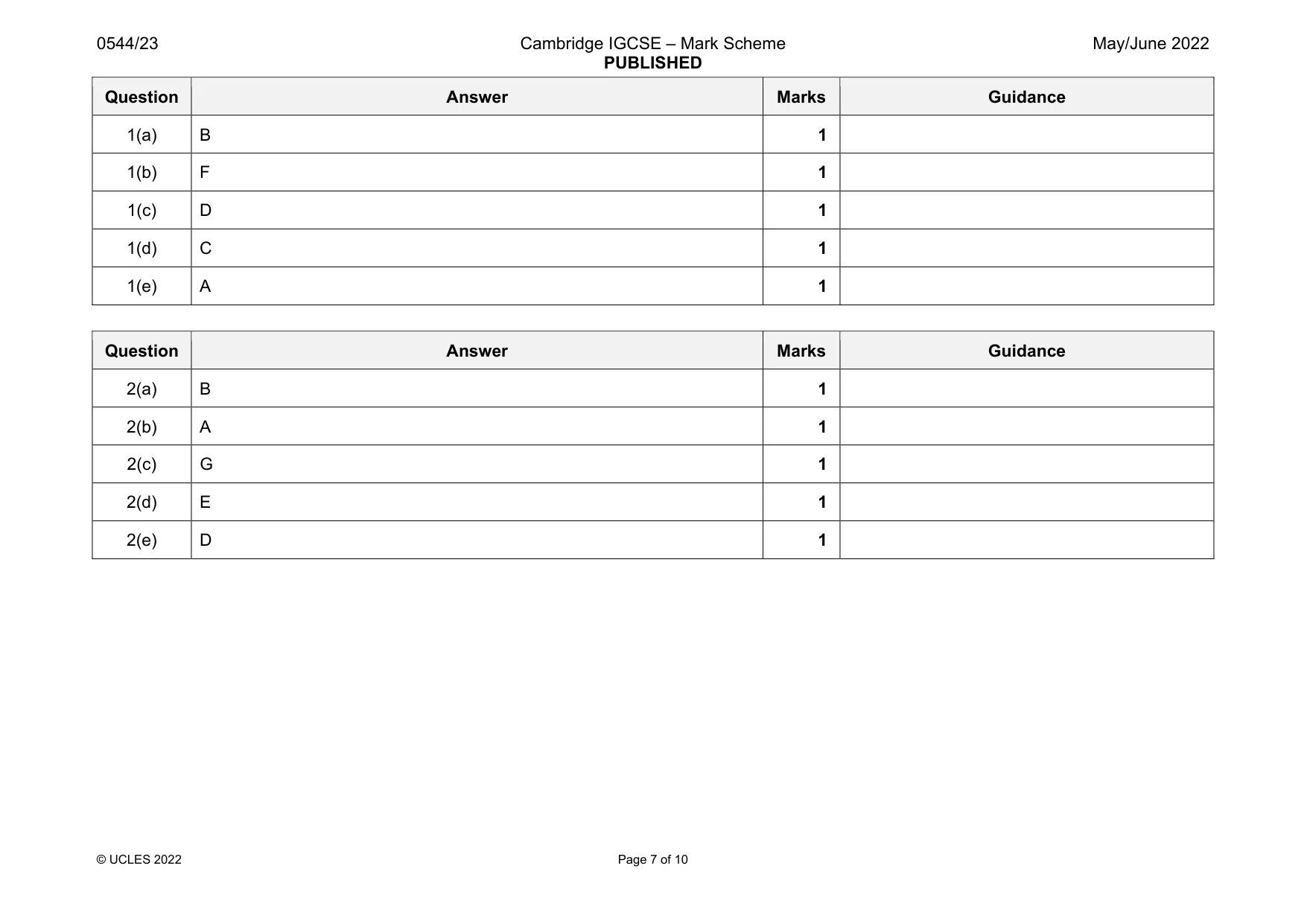 Mark scheme, page 7 of 10