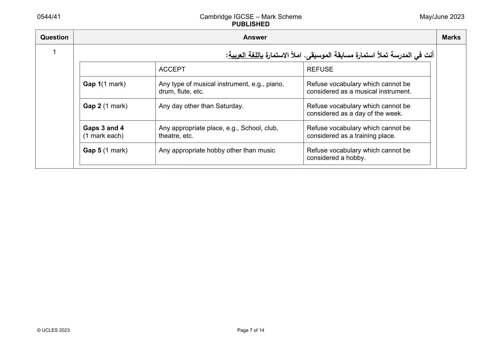 Mark scheme, page 7 of 14