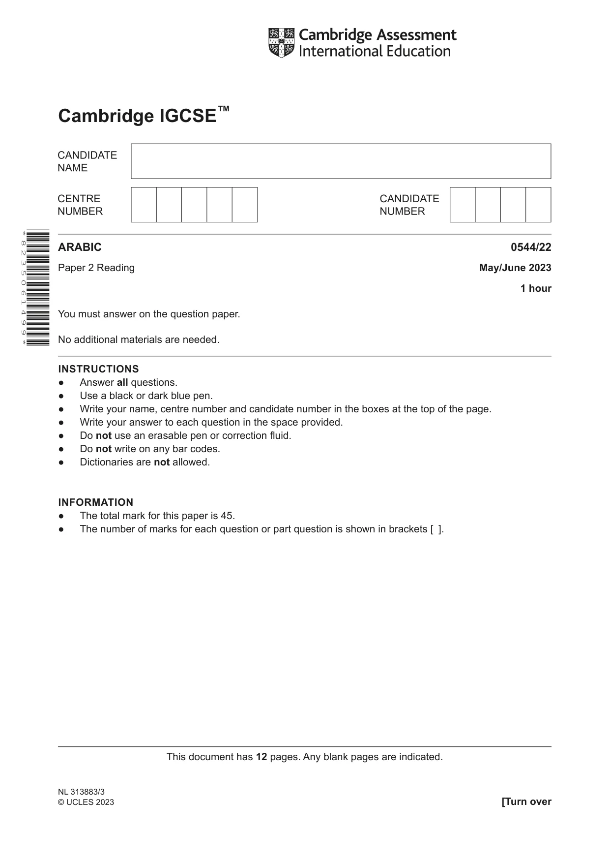 Cambridge IGCSE Arabic - Foreign Language 0544 2023 May/June Paper 2 · Variant 2 question paper, page 1 of 12