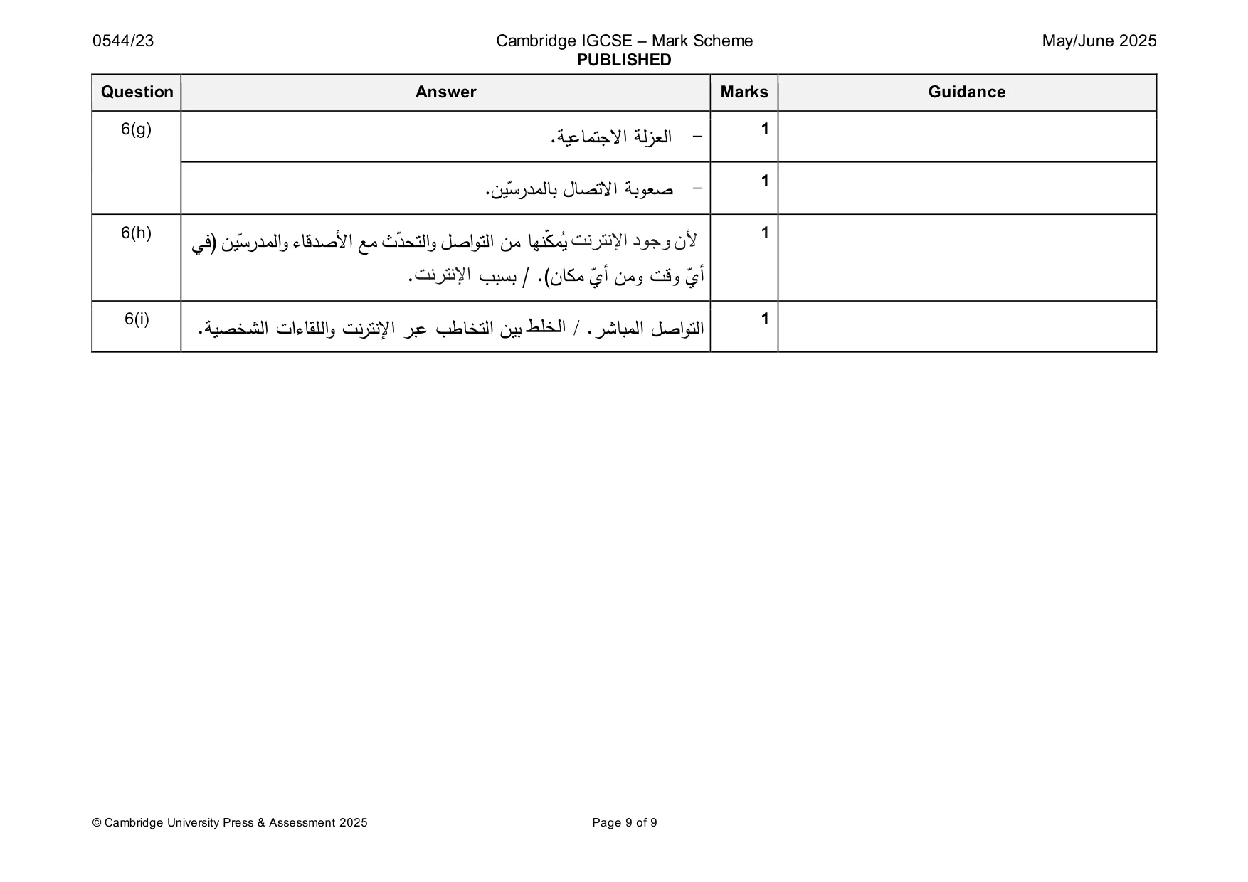Mark scheme, page 9 of 9