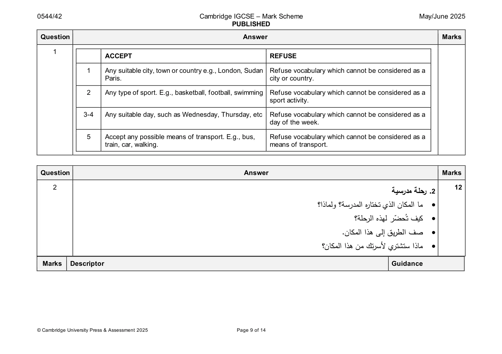 Mark scheme, page 9 of 14