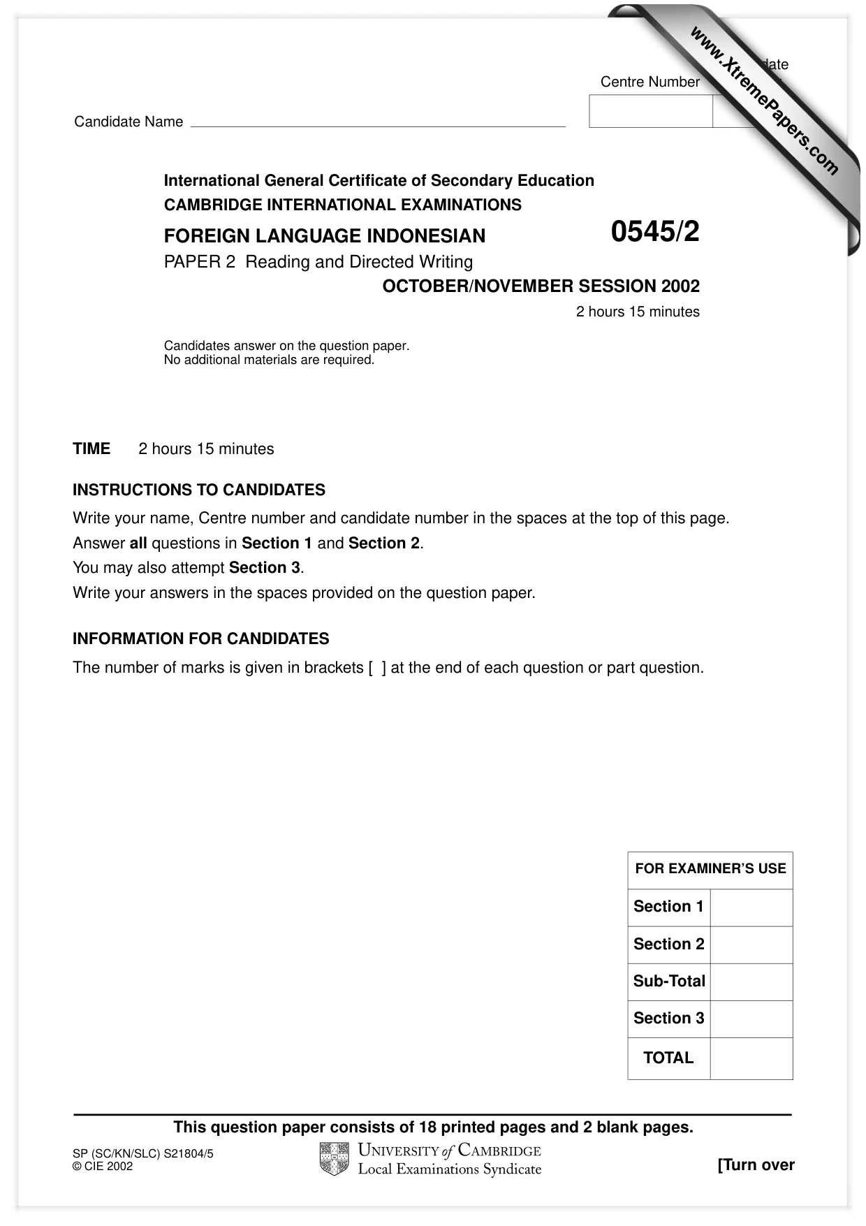 Cambridge IGCSE Indonesian - Foreign Language 0545 2002 Oct/Nov Paper 2 · Variant 1 question paper, page 1 of 20
