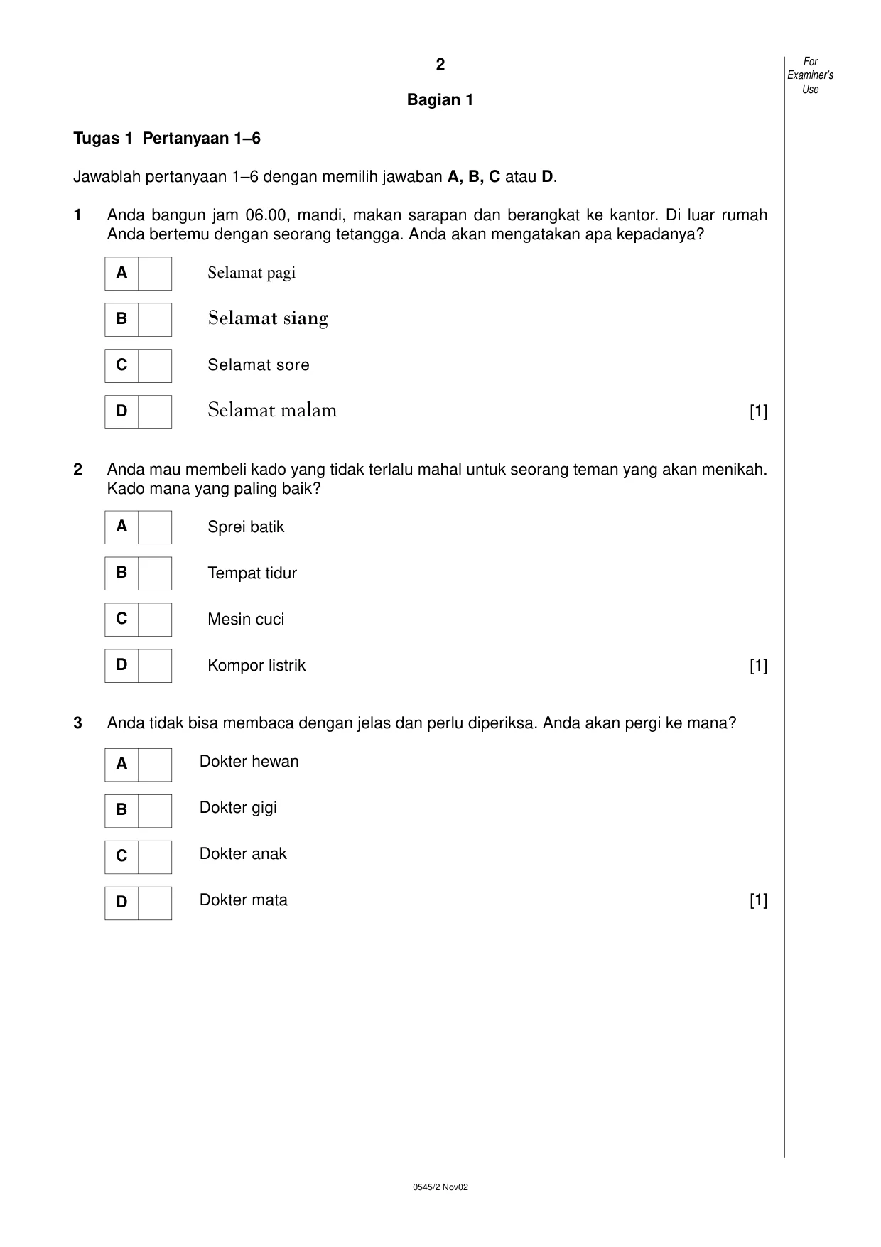 Cambridge IGCSE Indonesian - Foreign Language 0545 2002 Oct/Nov Paper 2 · Variant 1 question paper, page 2 of 20