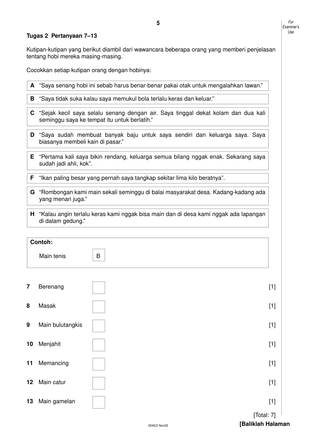 Cambridge IGCSE Indonesian - Foreign Language 0545 2002 Oct/Nov Paper 2 · Variant 1 question paper, page 5 of 20