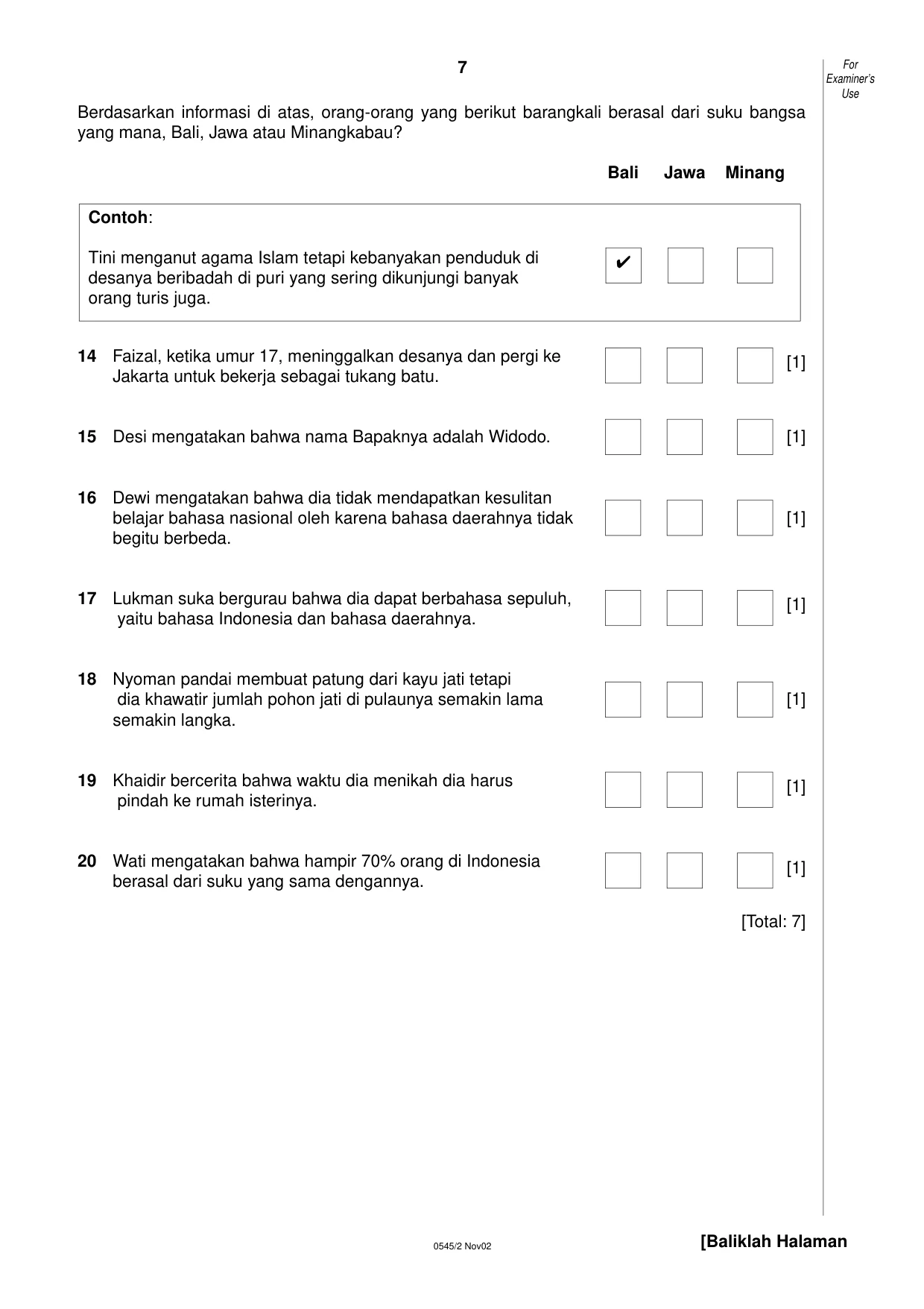 Cambridge IGCSE Indonesian - Foreign Language 0545 2002 Oct/Nov Paper 2 · Variant 1 question paper, page 7 of 20