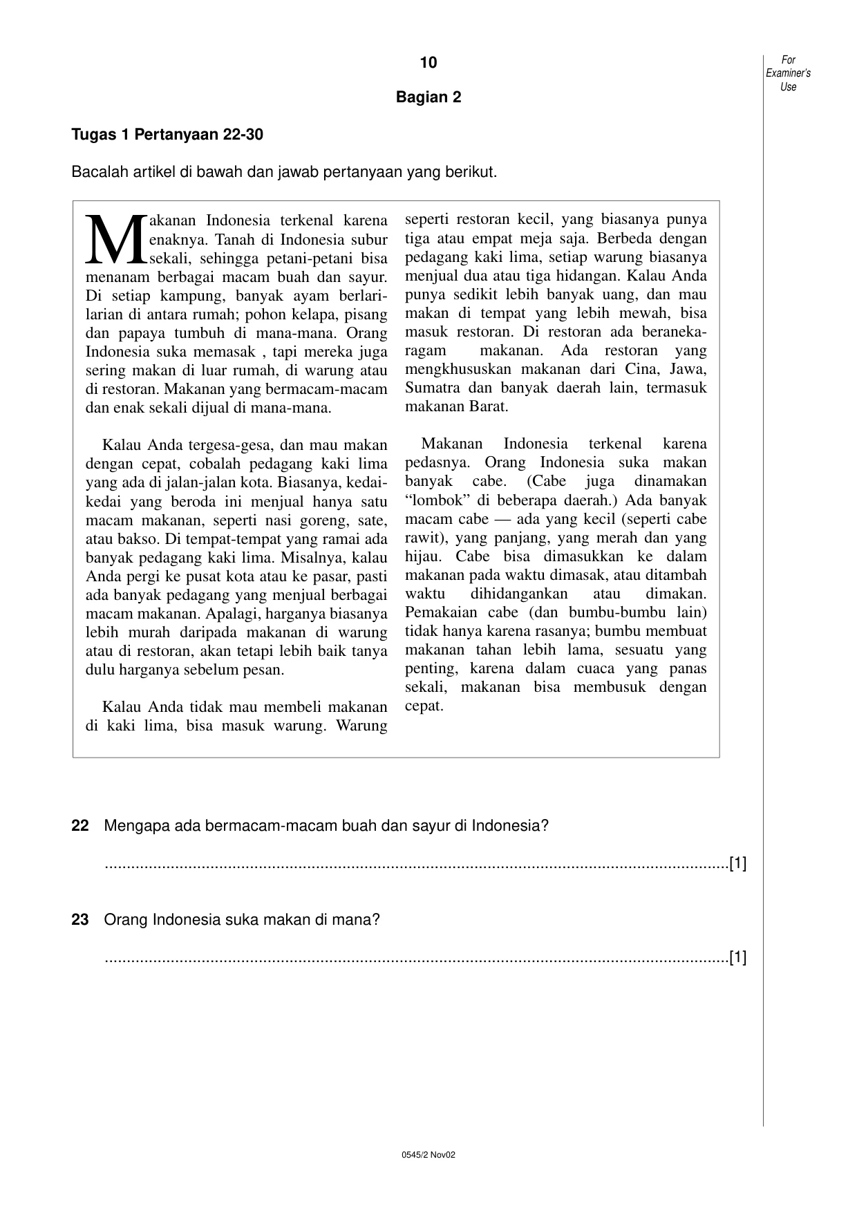 Cambridge IGCSE Indonesian - Foreign Language 0545 2002 Oct/Nov Paper 2 · Variant 1 question paper, page 10 of 20