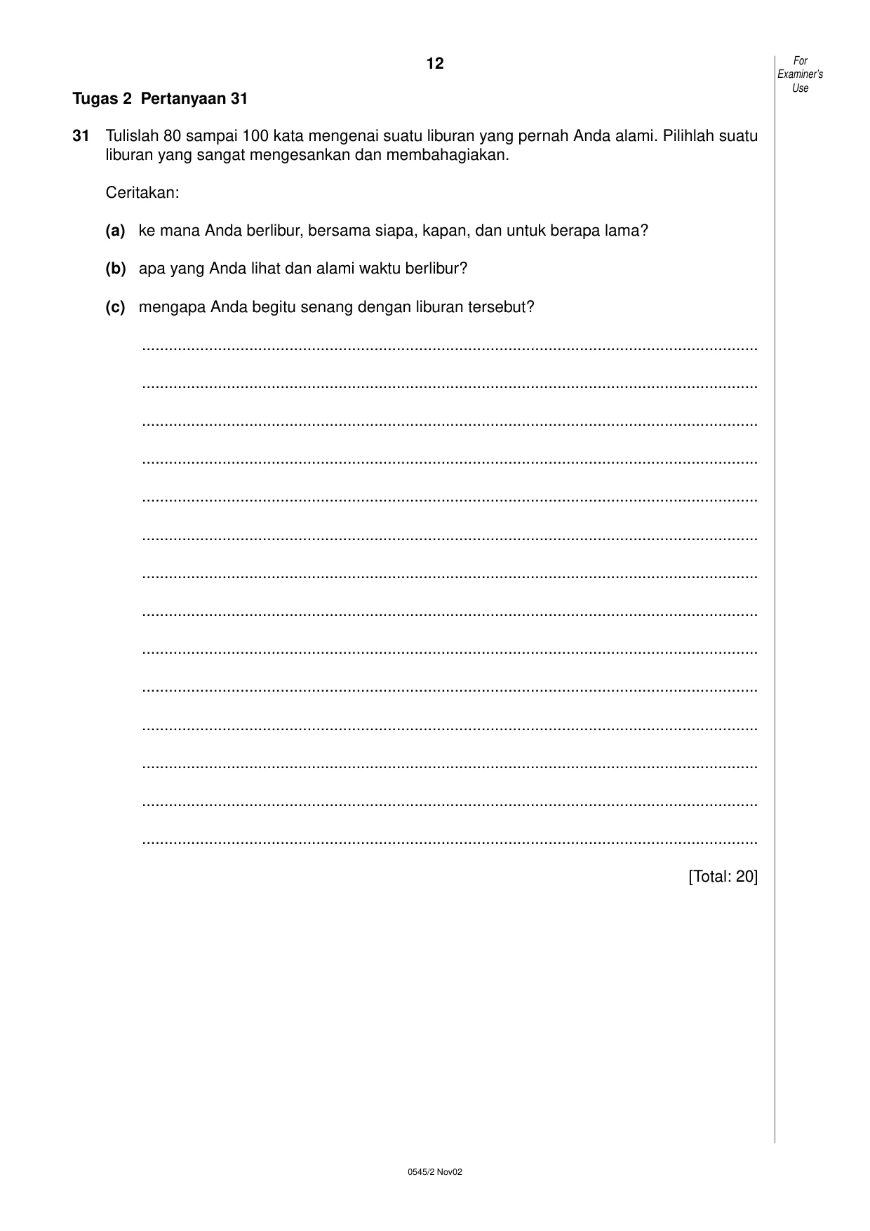 Cambridge IGCSE Indonesian - Foreign Language 0545 2002 Oct/Nov Paper 2 · Variant 1 question paper, page 12 of 20