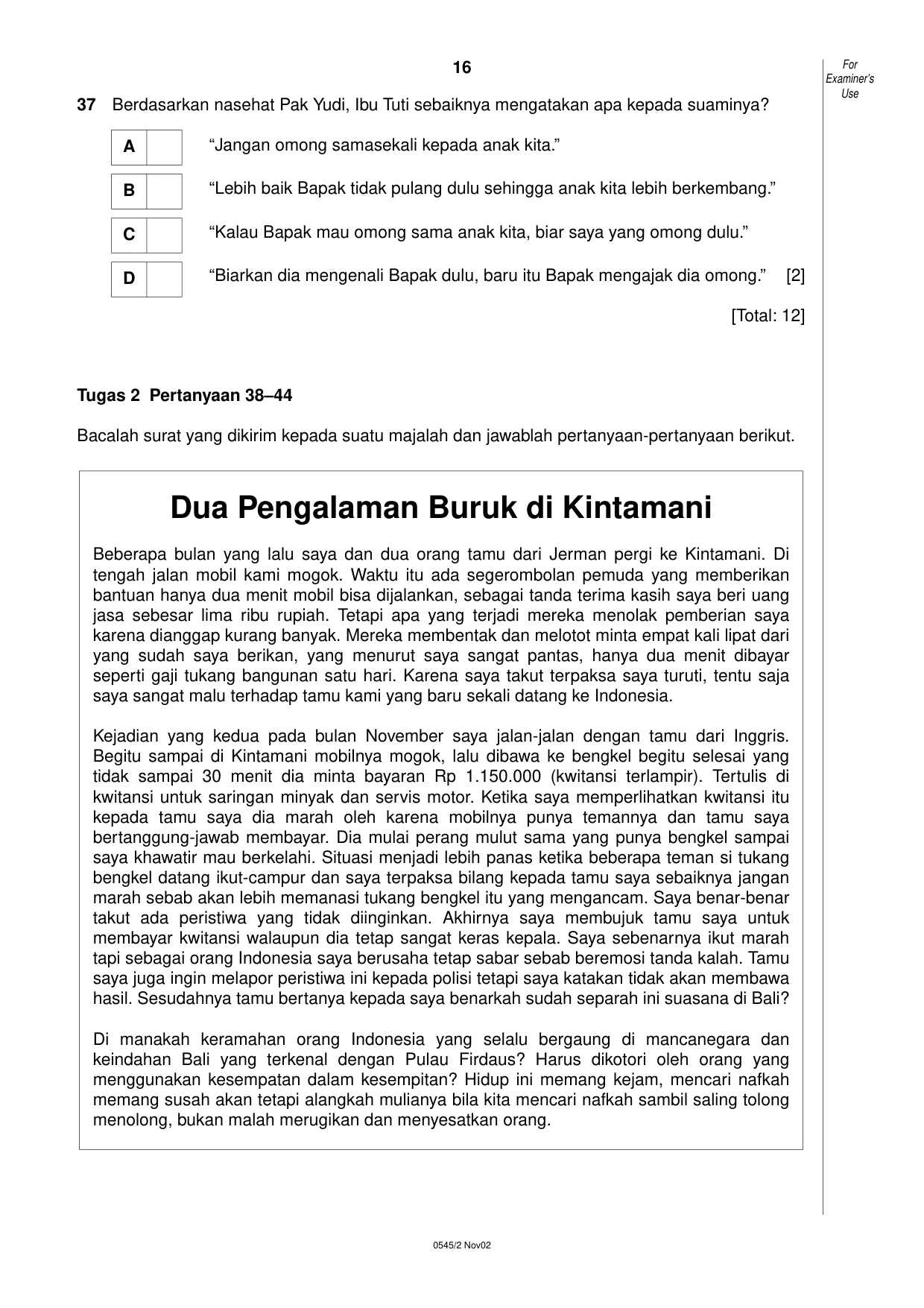 Cambridge IGCSE Indonesian - Foreign Language 0545 2002 Oct/Nov Paper 2 · Variant 1 question paper, page 16 of 20