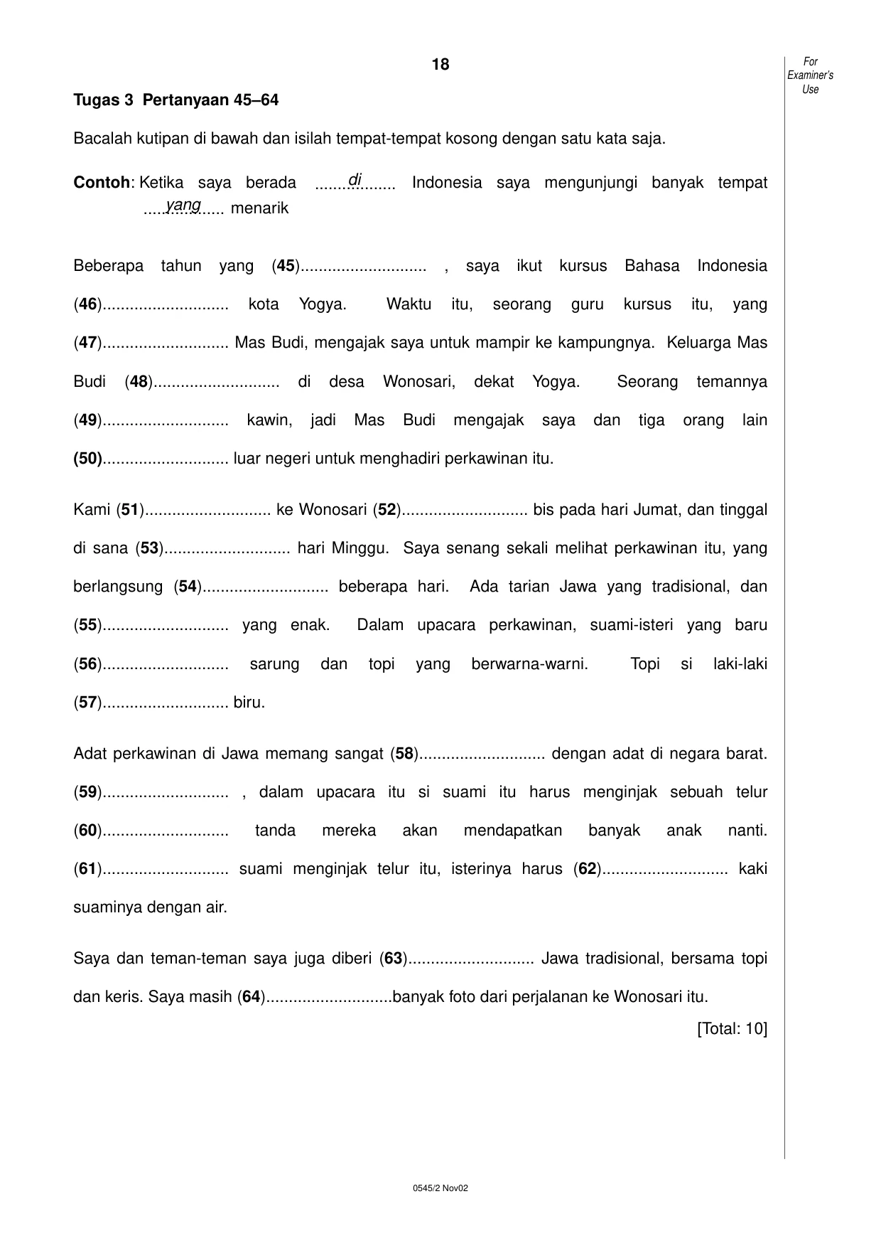 Cambridge IGCSE Indonesian - Foreign Language 0545 2002 Oct/Nov Paper 2 · Variant 1 question paper, page 18 of 20