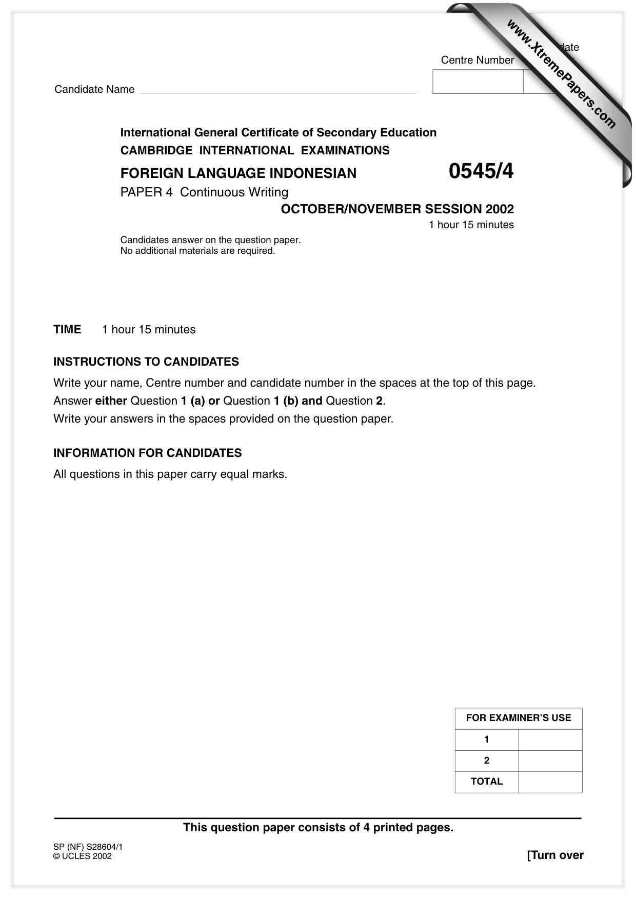 Cambridge IGCSE Indonesian - Foreign Language 0545 2002 Oct/Nov Paper 4 · Variant 1 question paper, page 1 of 4