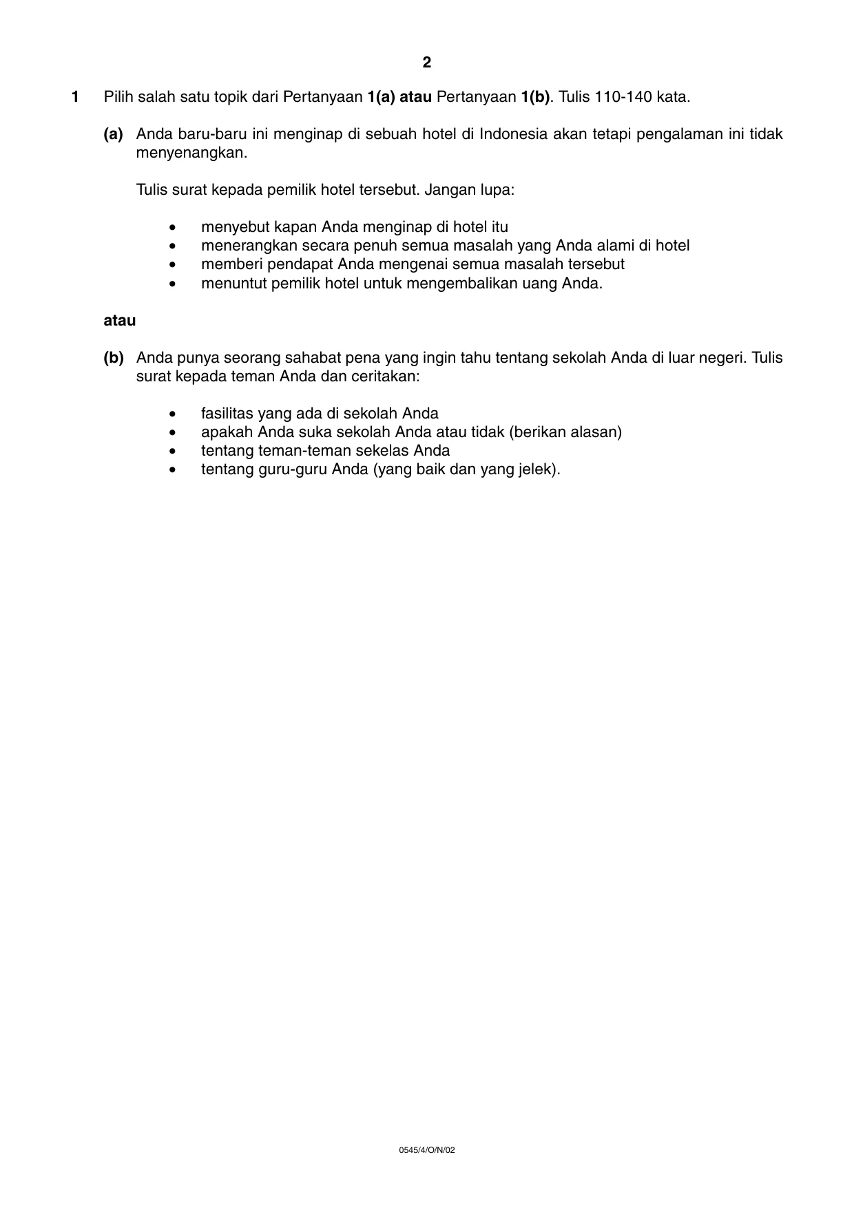 Cambridge IGCSE Indonesian - Foreign Language 0545 2002 Oct/Nov Paper 4 · Variant 1 question paper, page 2 of 4