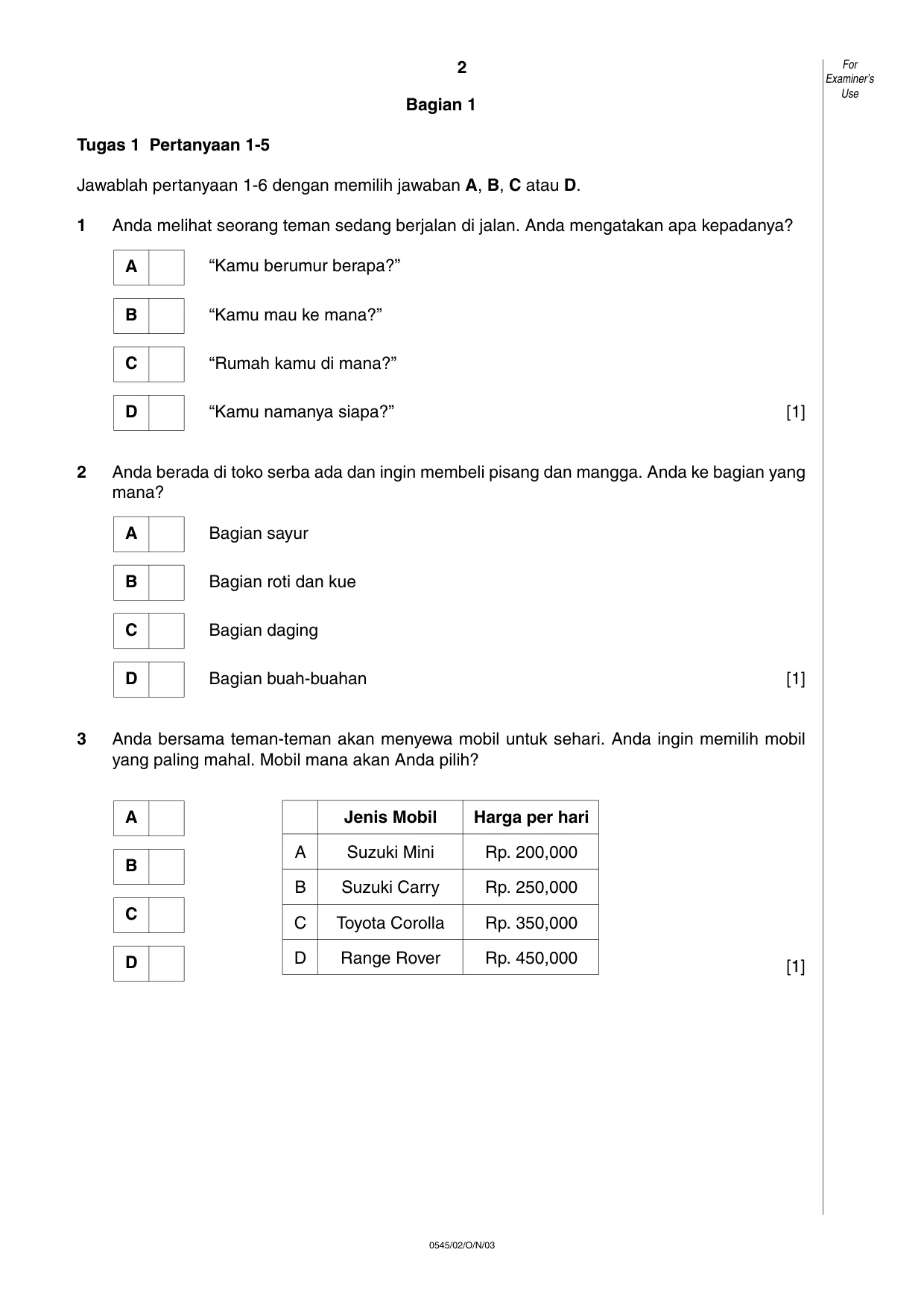 Cambridge IGCSE Indonesian - Foreign Language 0545 2003 Oct/Nov Paper 2 · Variant 1 question paper, page 2 of 16