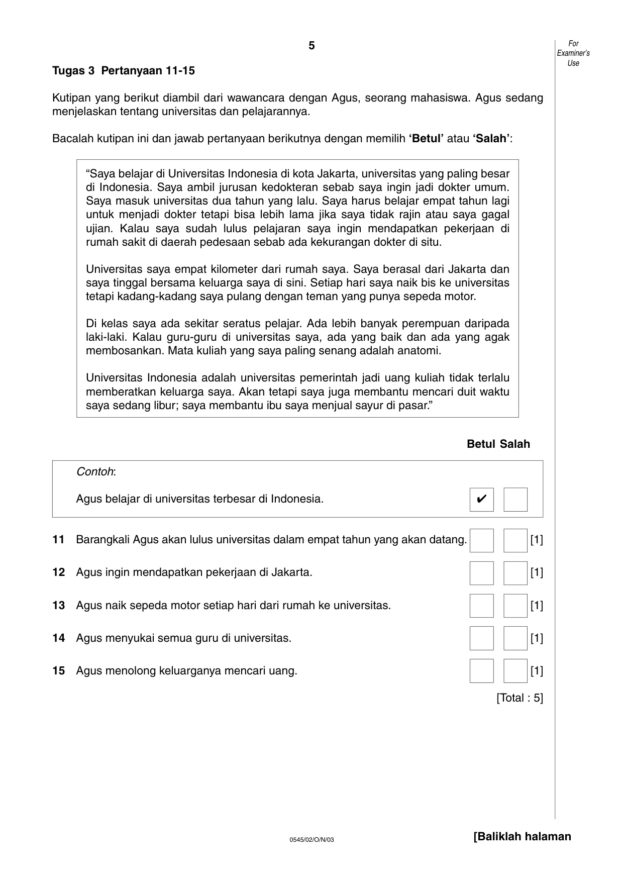 Cambridge IGCSE Indonesian - Foreign Language 0545 2003 Oct/Nov Paper 2 · Variant 1 question paper, page 5 of 16