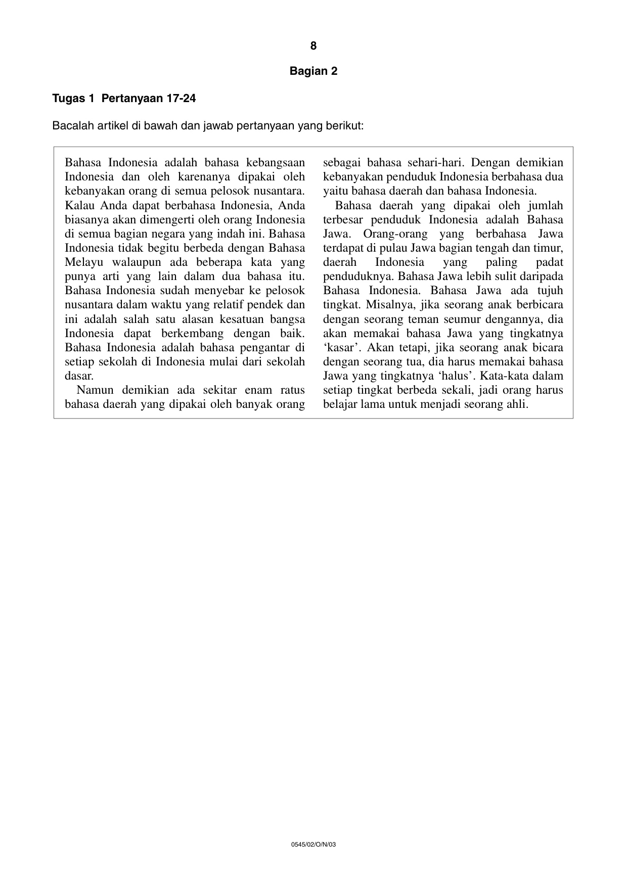 Cambridge IGCSE Indonesian - Foreign Language 0545 2003 Oct/Nov Paper 2 · Variant 1 question paper, page 8 of 16