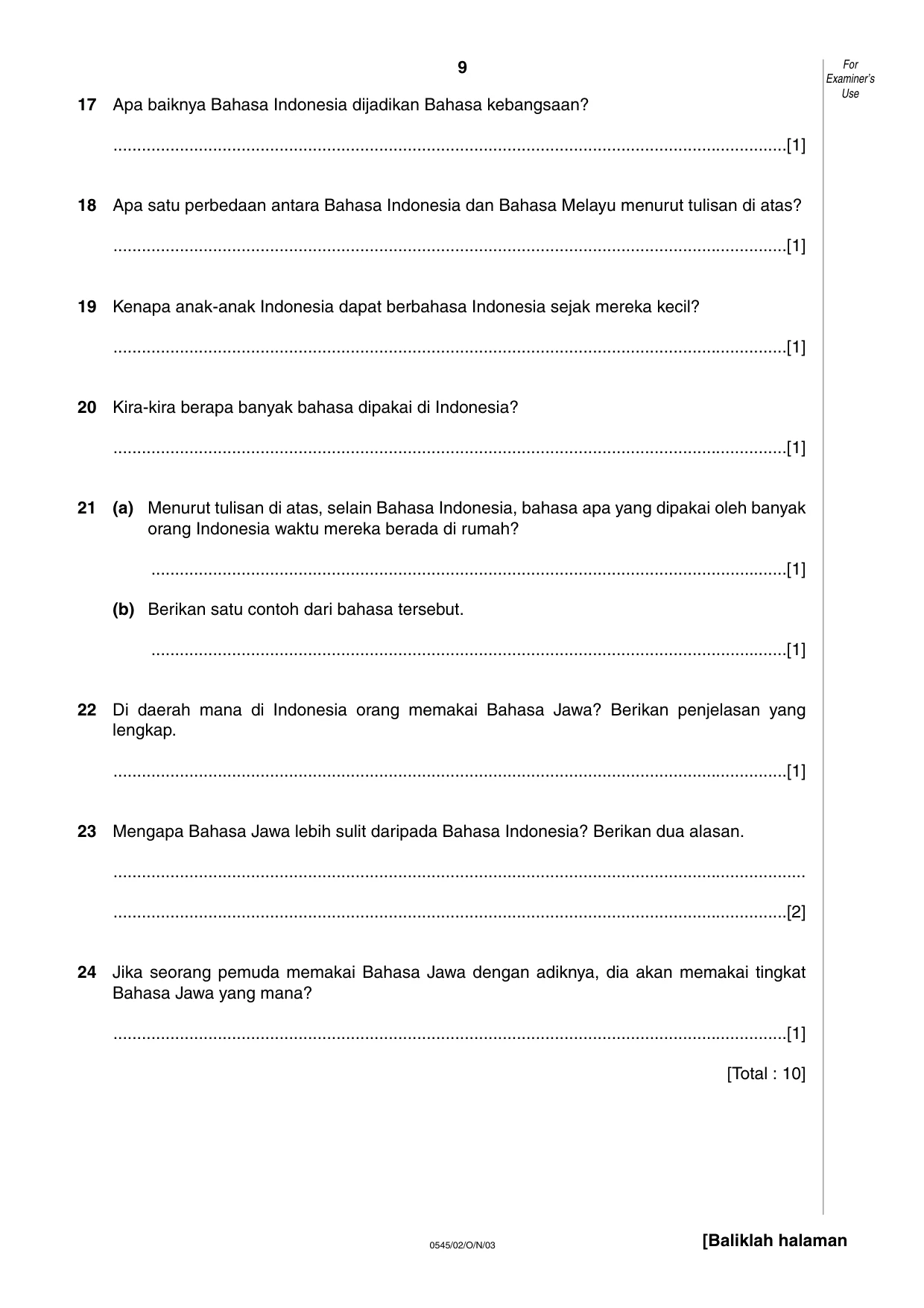 Cambridge IGCSE Indonesian - Foreign Language 0545 2003 Oct/Nov Paper 2 · Variant 1 question paper, page 9 of 16