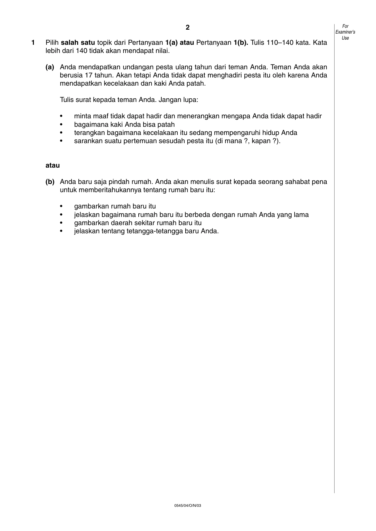 Cambridge IGCSE Indonesian - Foreign Language 0545 2003 Oct/Nov Paper 4 · Variant 1 question paper, page 2 of 4