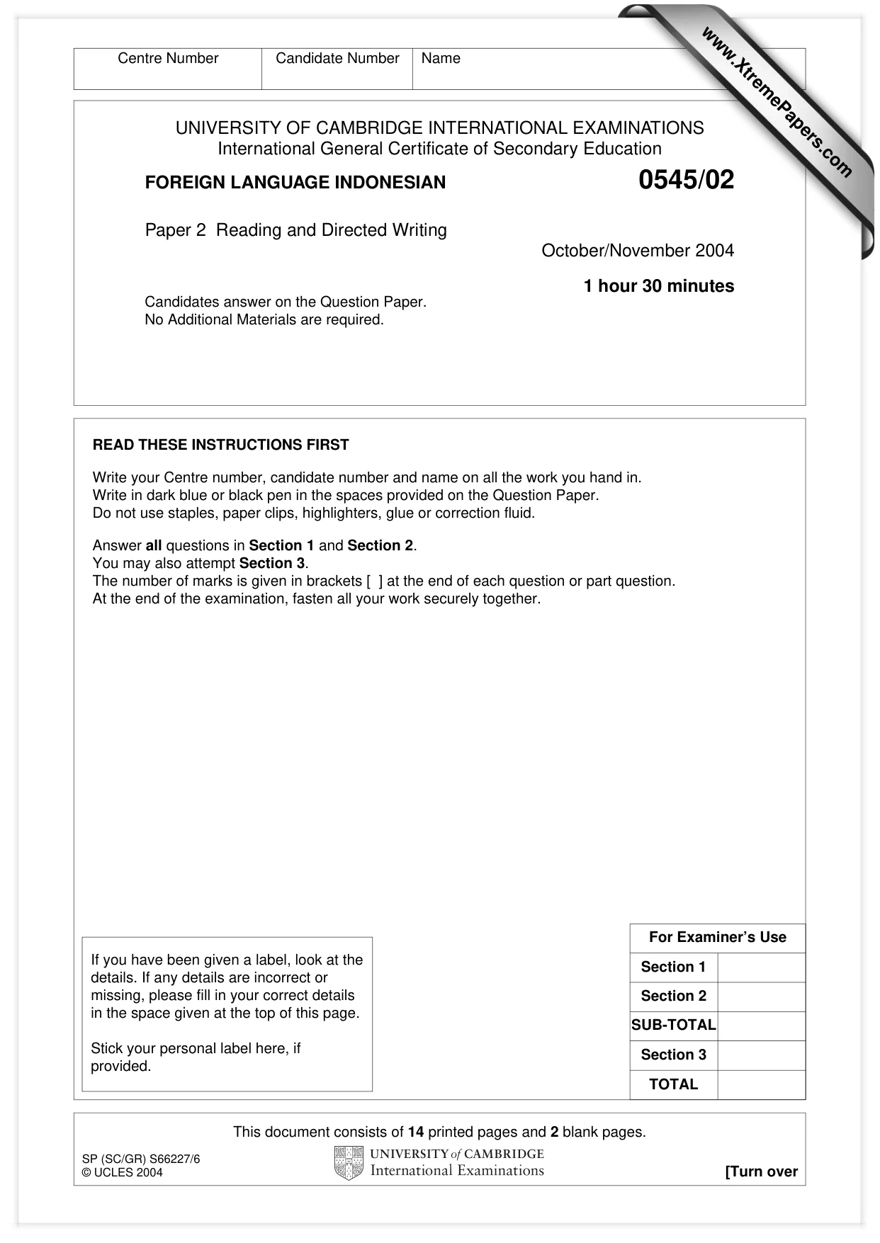Cambridge IGCSE Indonesian - Foreign Language 0545 2004 Oct/Nov Paper 2 · Variant 1 question paper, page 1 of 16