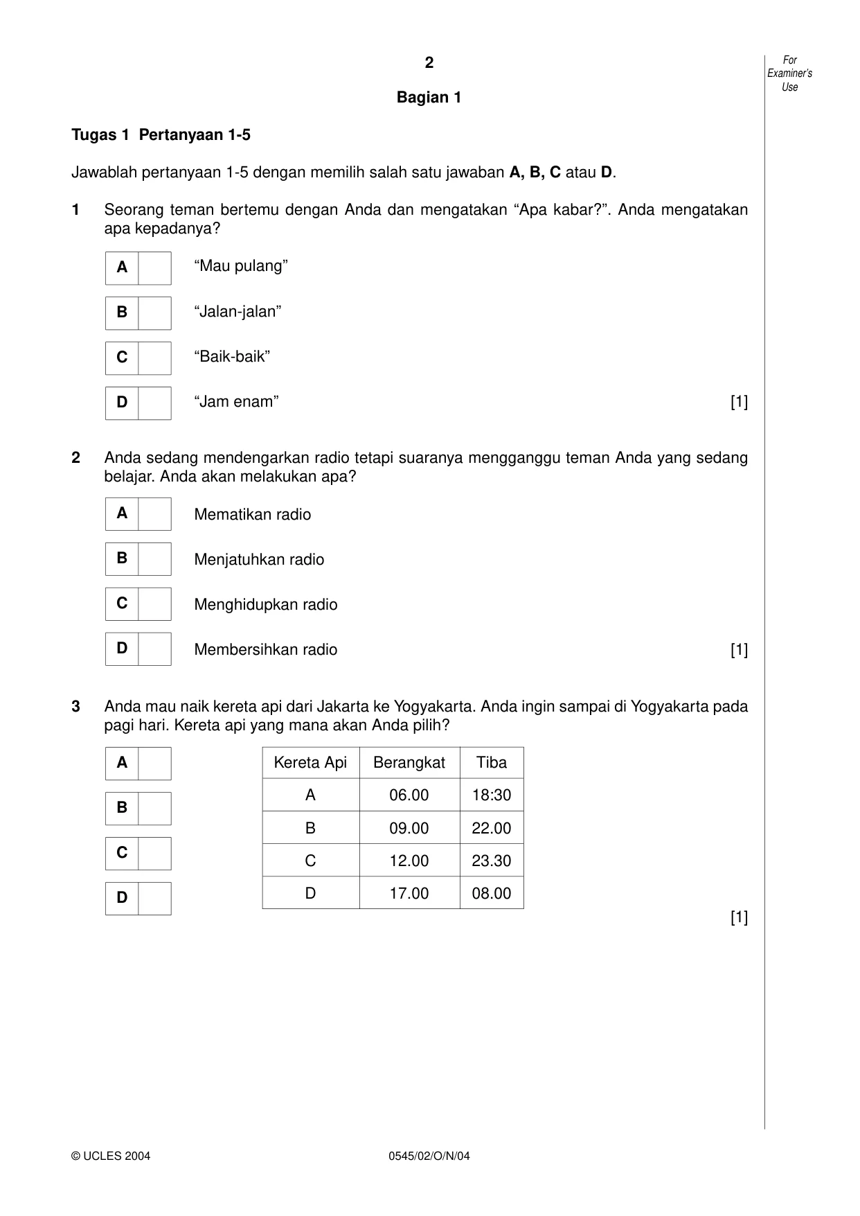 Cambridge IGCSE Indonesian - Foreign Language 0545 2004 Oct/Nov Paper 2 · Variant 1 question paper, page 2 of 16