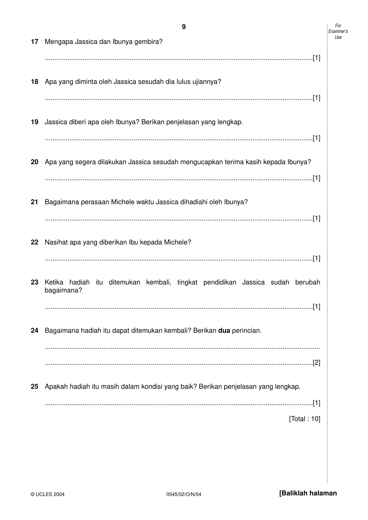 Cambridge IGCSE Indonesian - Foreign Language 0545 2004 Oct/Nov Paper 2 · Variant 1 question paper, page 9 of 16