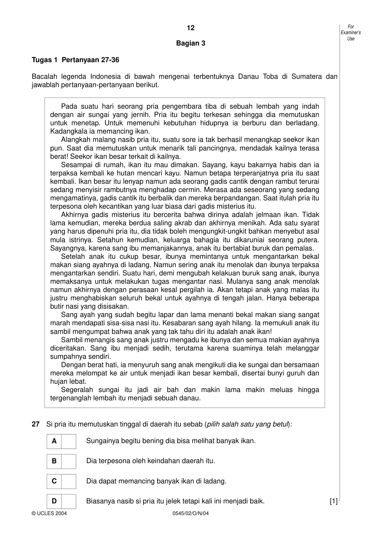 Cambridge IGCSE Indonesian - Foreign Language 0545 2004 Oct/Nov Paper 2 · Variant 1 question paper, page 12 of 16