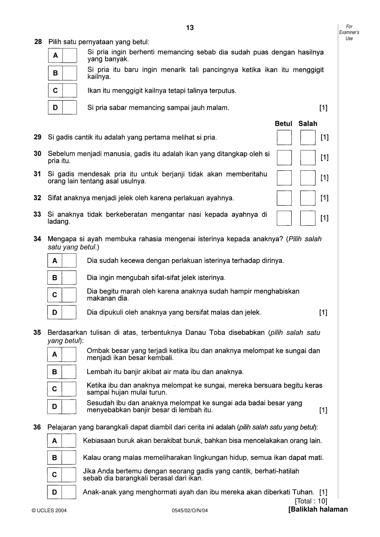 Cambridge IGCSE Indonesian - Foreign Language 0545 2004 Oct/Nov Paper 2 · Variant 1 question paper, page 13 of 16