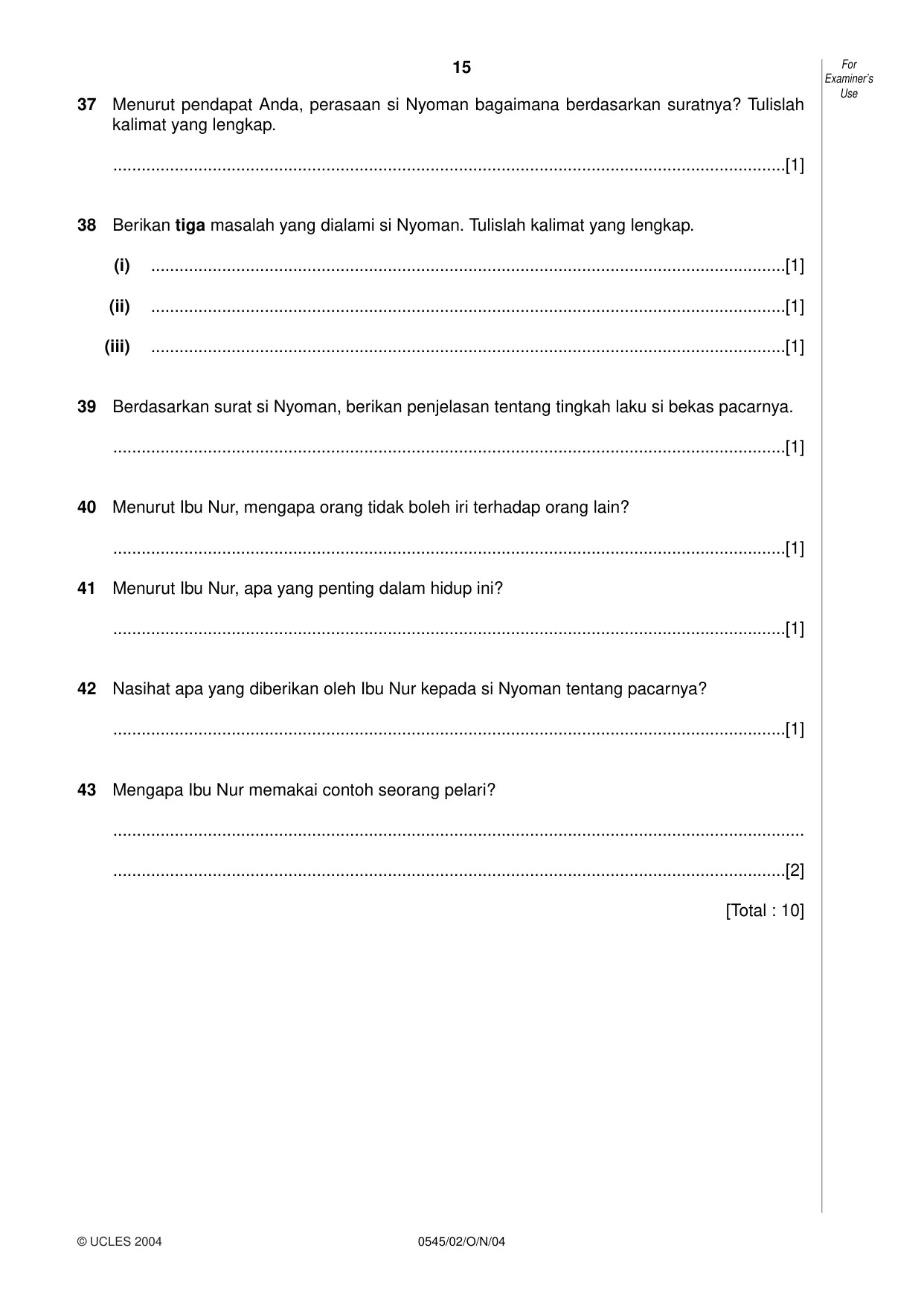 Cambridge IGCSE Indonesian - Foreign Language 0545 2004 Oct/Nov Paper 2 · Variant 1 question paper, page 15 of 16