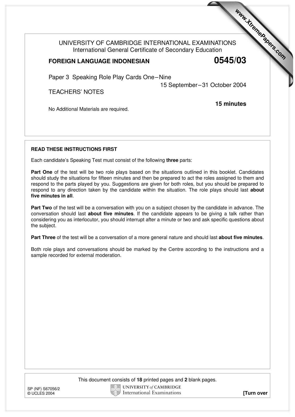 Cambridge IGCSE Indonesian - Foreign Language 0545 2004 Oct/Nov Paper 3 · Variant 1 question paper, page 1 of 20
