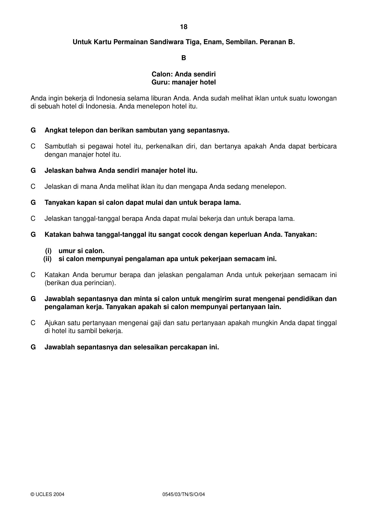Cambridge IGCSE Indonesian - Foreign Language 0545 2004 Oct/Nov Paper 3 · Variant 1 question paper, page 18 of 20