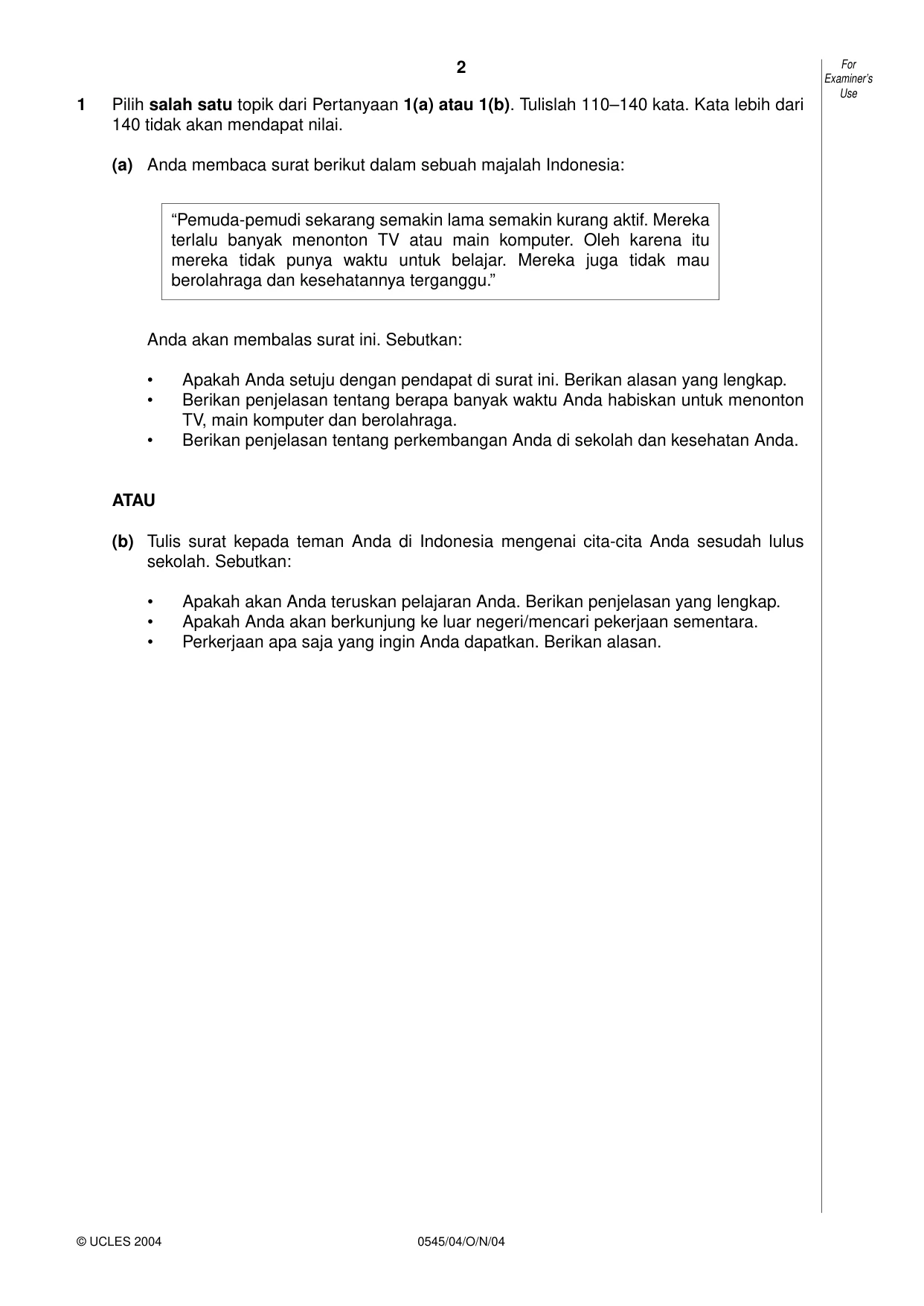 Cambridge IGCSE Indonesian - Foreign Language 0545 2004 Oct/Nov Paper 4 · Variant 1 question paper, page 2 of 4