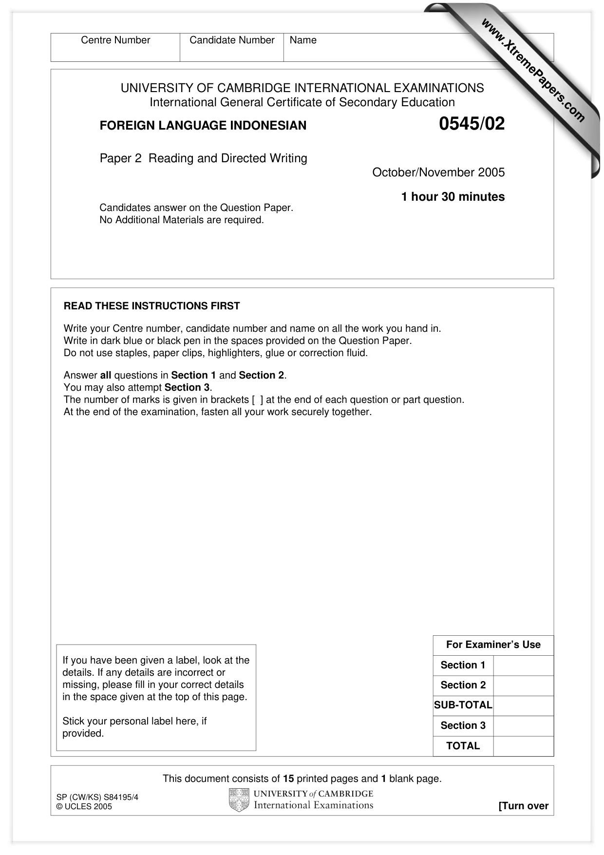 Cambridge IGCSE Indonesian - Foreign Language 0545 2005 Oct/Nov Paper 2 · Variant 1 question paper, page 1 of 16