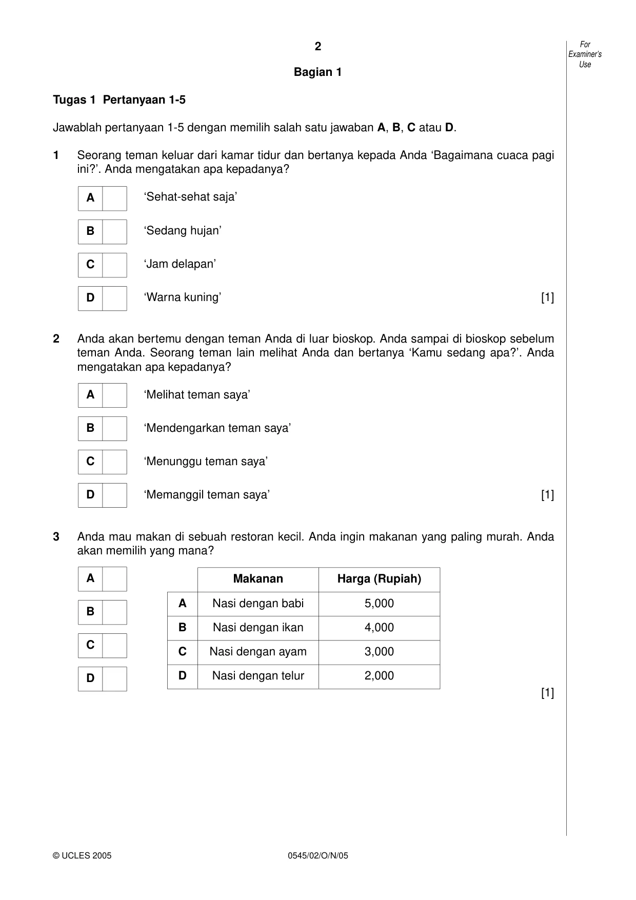 Cambridge IGCSE Indonesian - Foreign Language 0545 2005 Oct/Nov Paper 2 · Variant 1 question paper, page 2 of 16