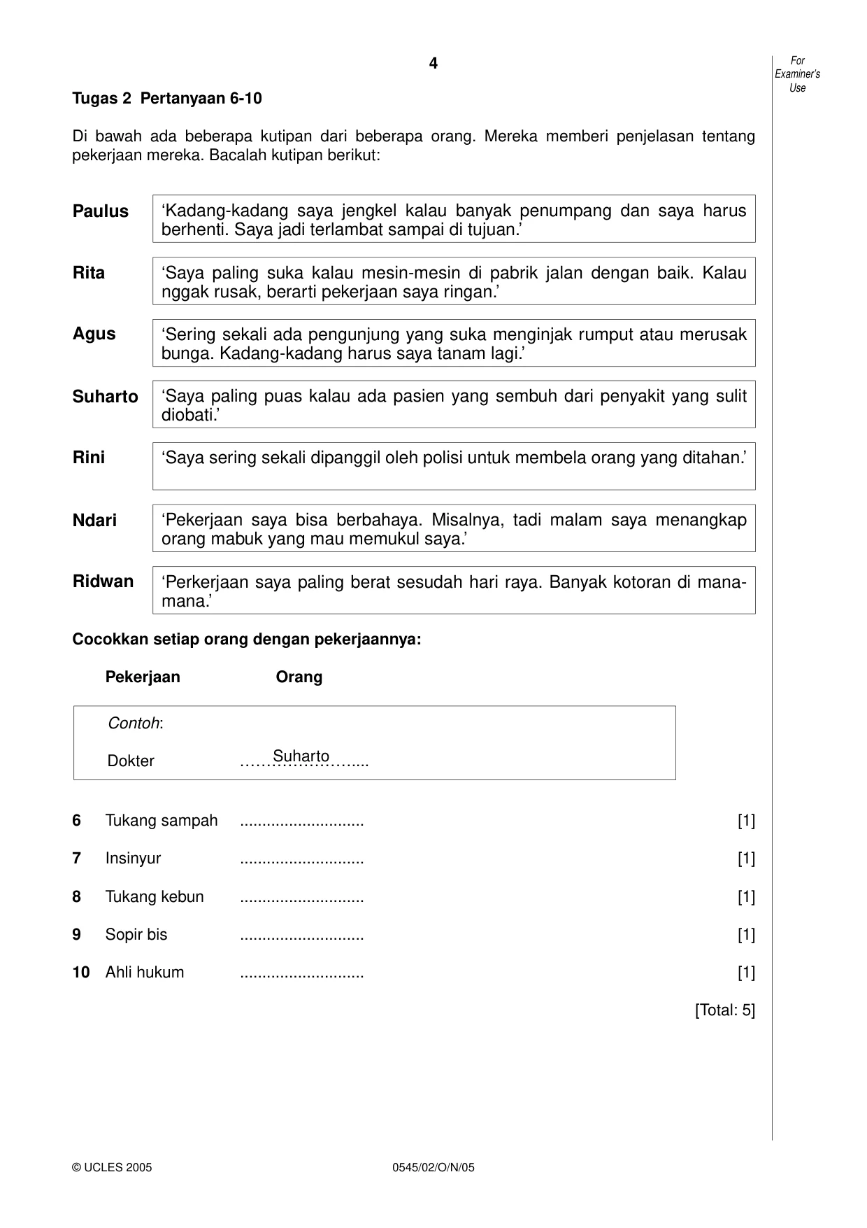 Cambridge IGCSE Indonesian - Foreign Language 0545 2005 Oct/Nov Paper 2 · Variant 1 question paper, page 4 of 16